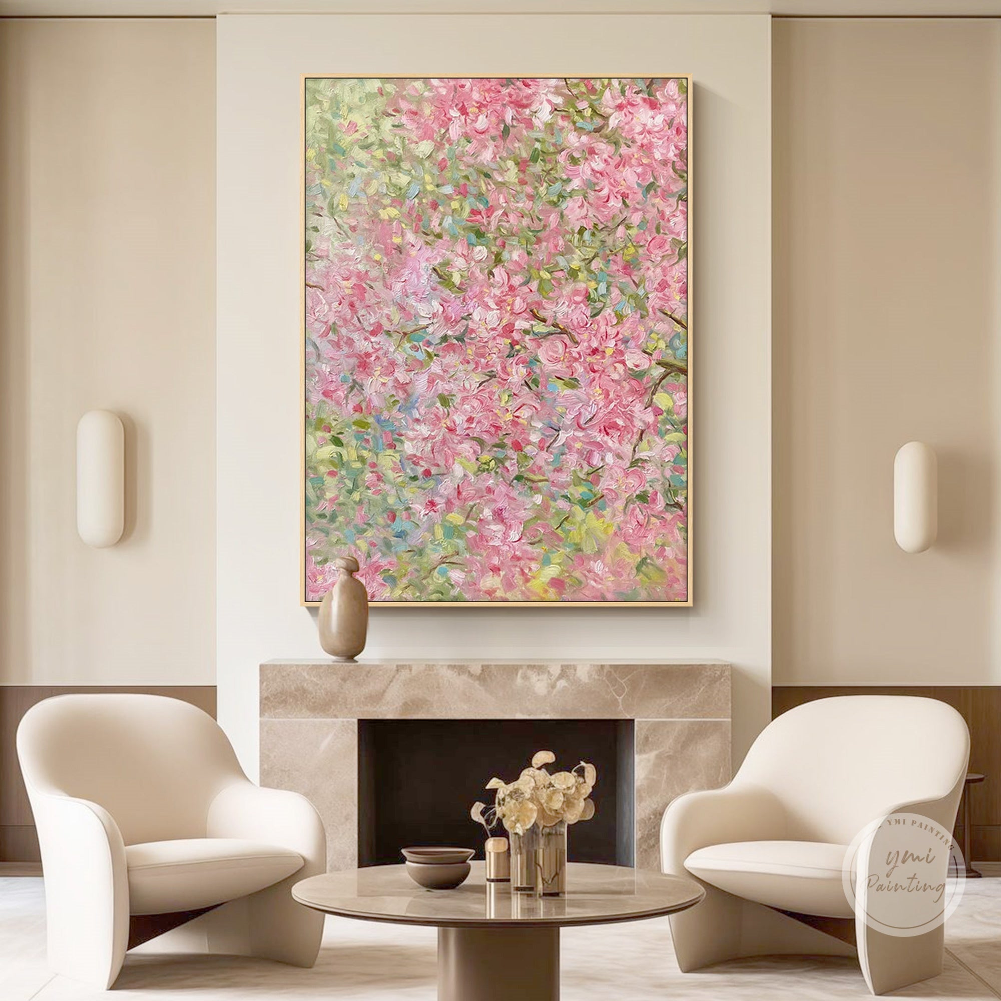 Hand-painted canvas art featuring blooming blossoms in pink and sage green.
