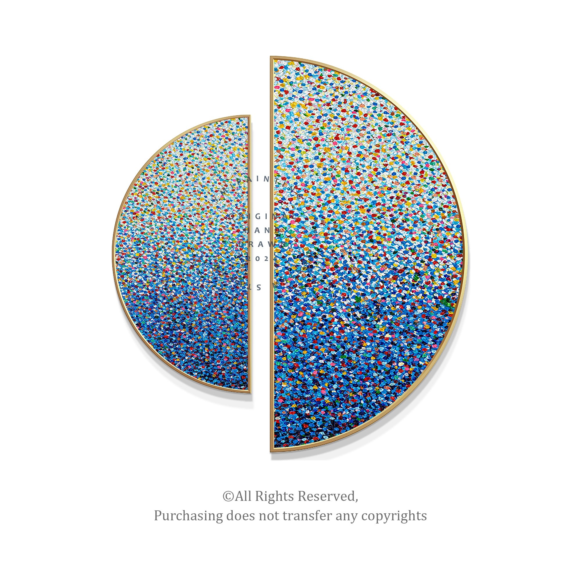 Artistic round canvas with rich blue and red pigment texture.