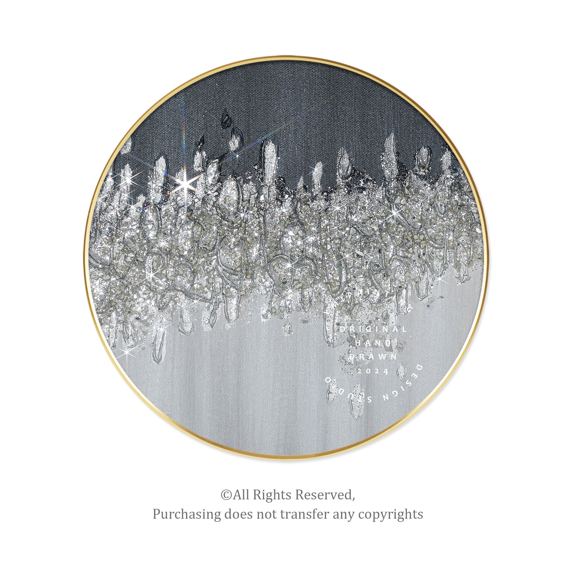 Black and silver crushed glass art in a circular form, capturing light for a dazzling effect.