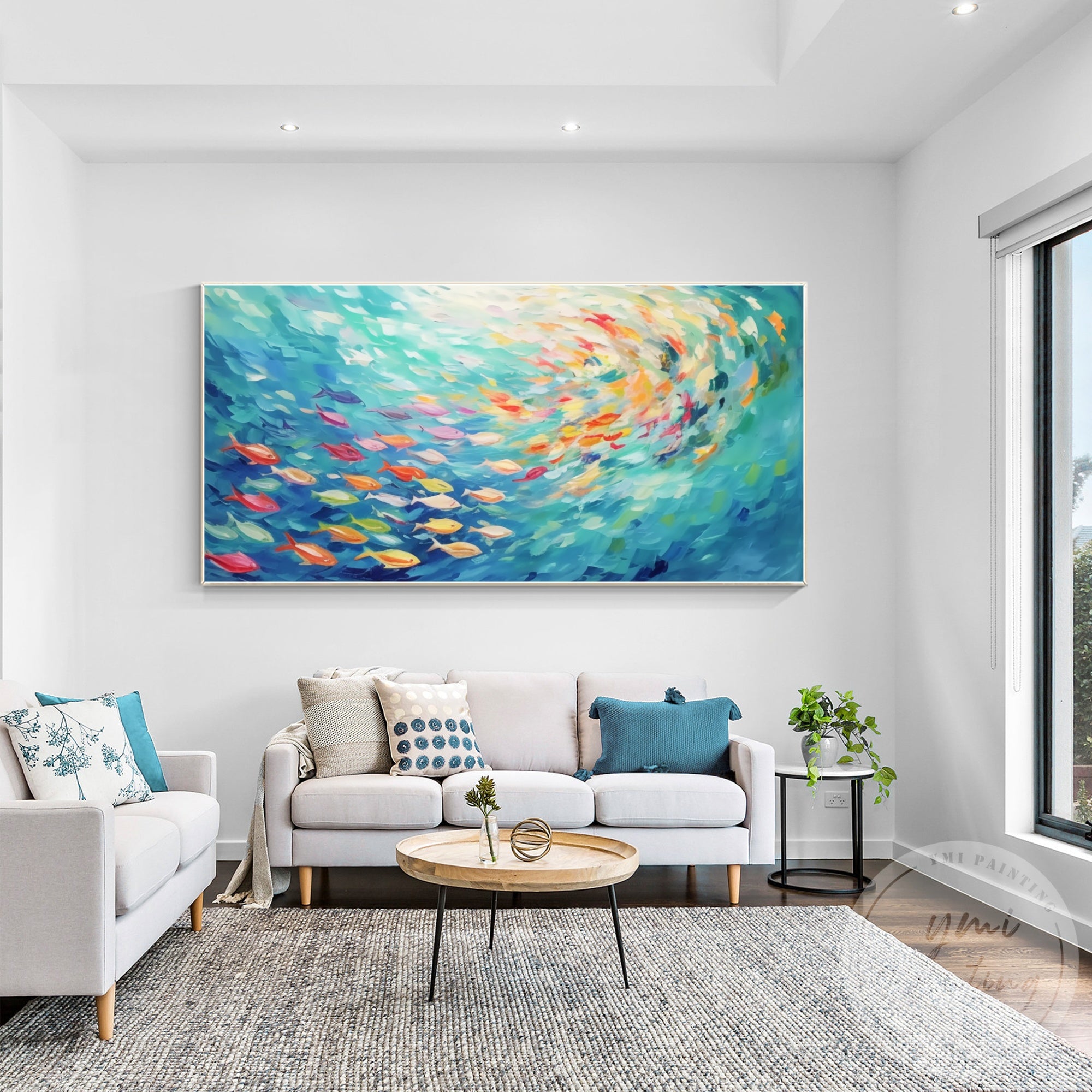Original framed school of fish canvas artwork modern decor