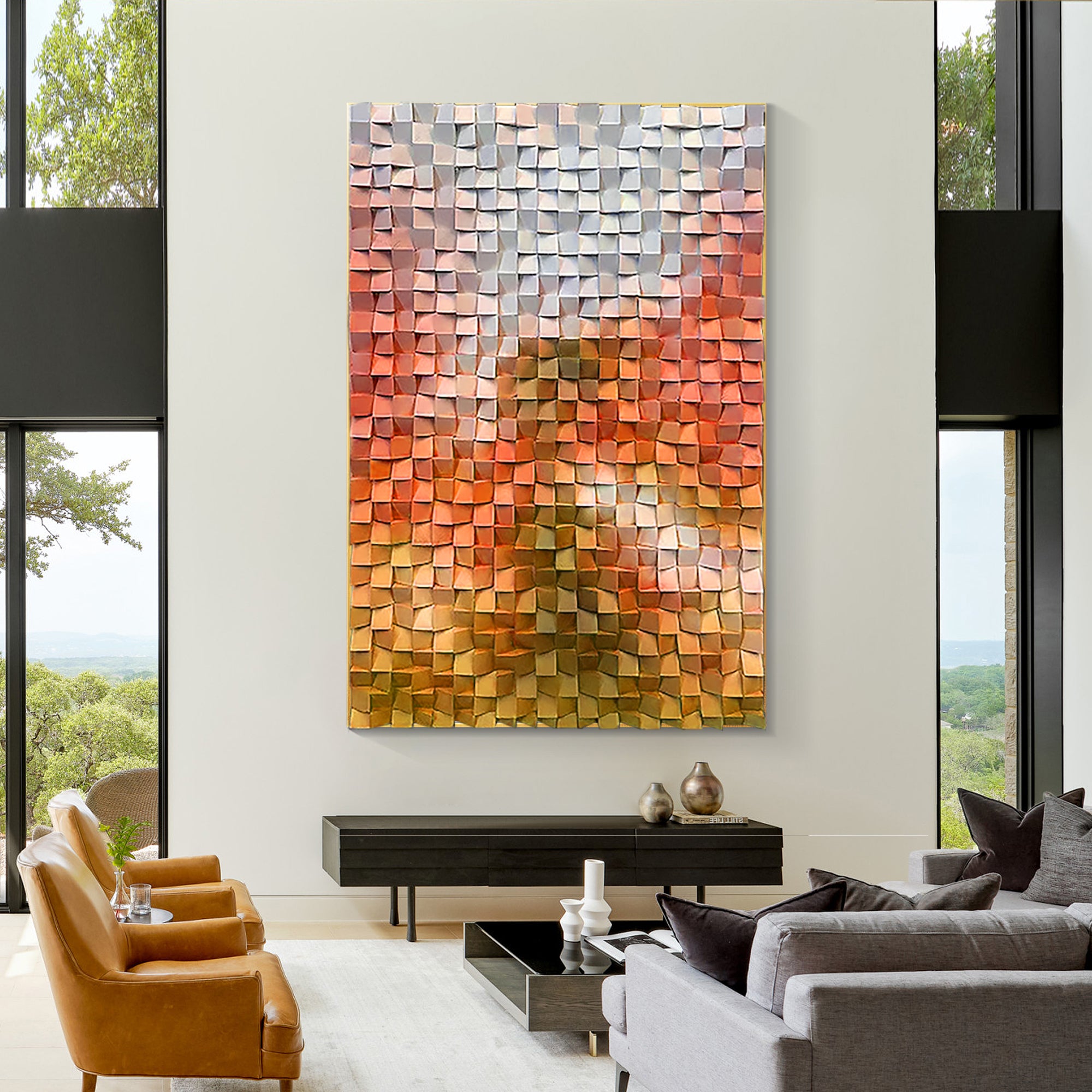 Modern Cubist Orange Gradient Wood Painting-X001