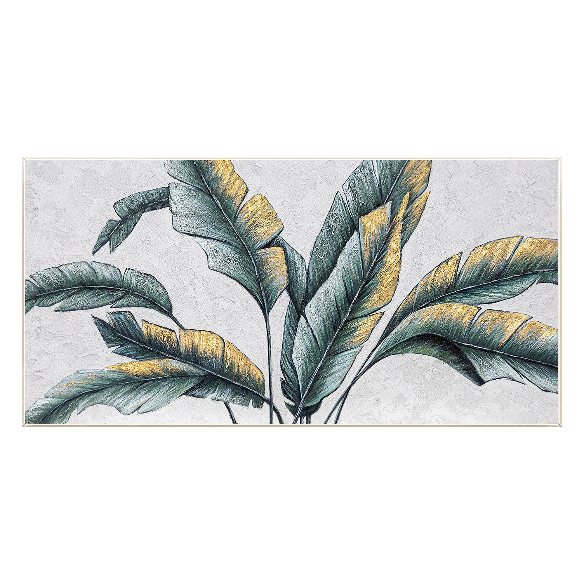 
Green banana leaves acrylic painting with gold leaf accents, perfect for creating an elegant tropical atmosphere in your home.
