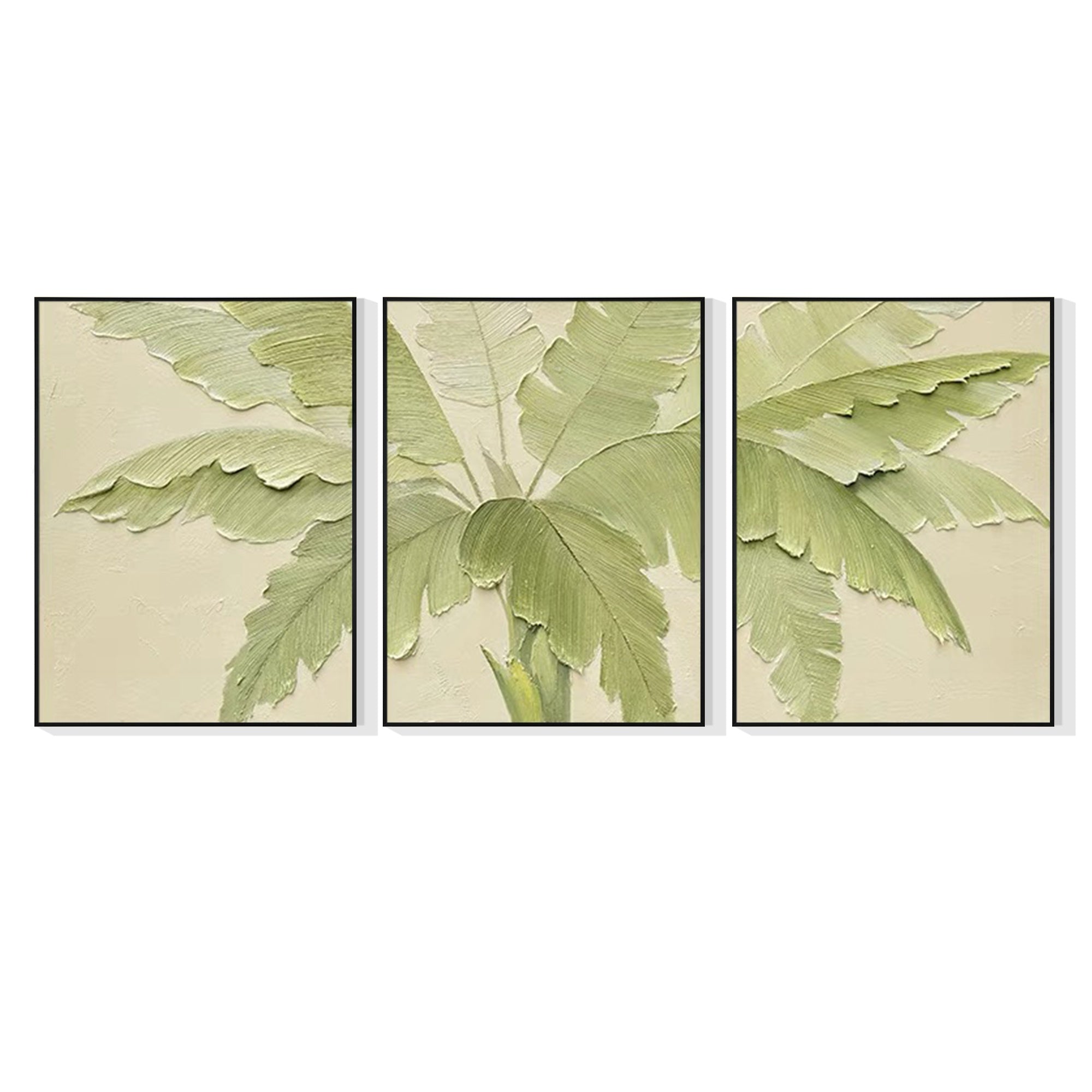 
Large tropical leaf wall art set, framed and textured, ideal for coastal or tropical-themed interiors.
