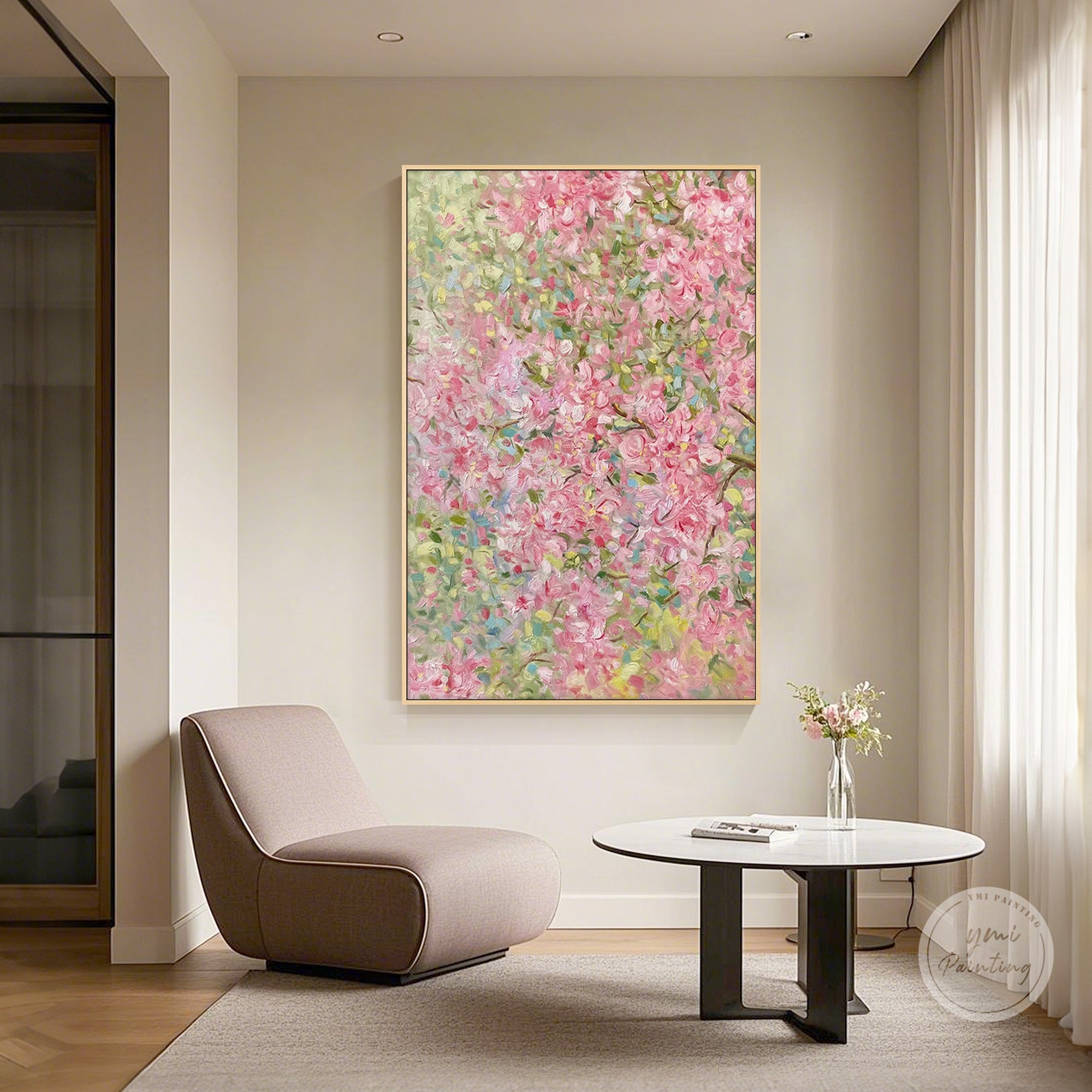 Pink and green flower canvas, capturing the freshness of spring in every stroke.