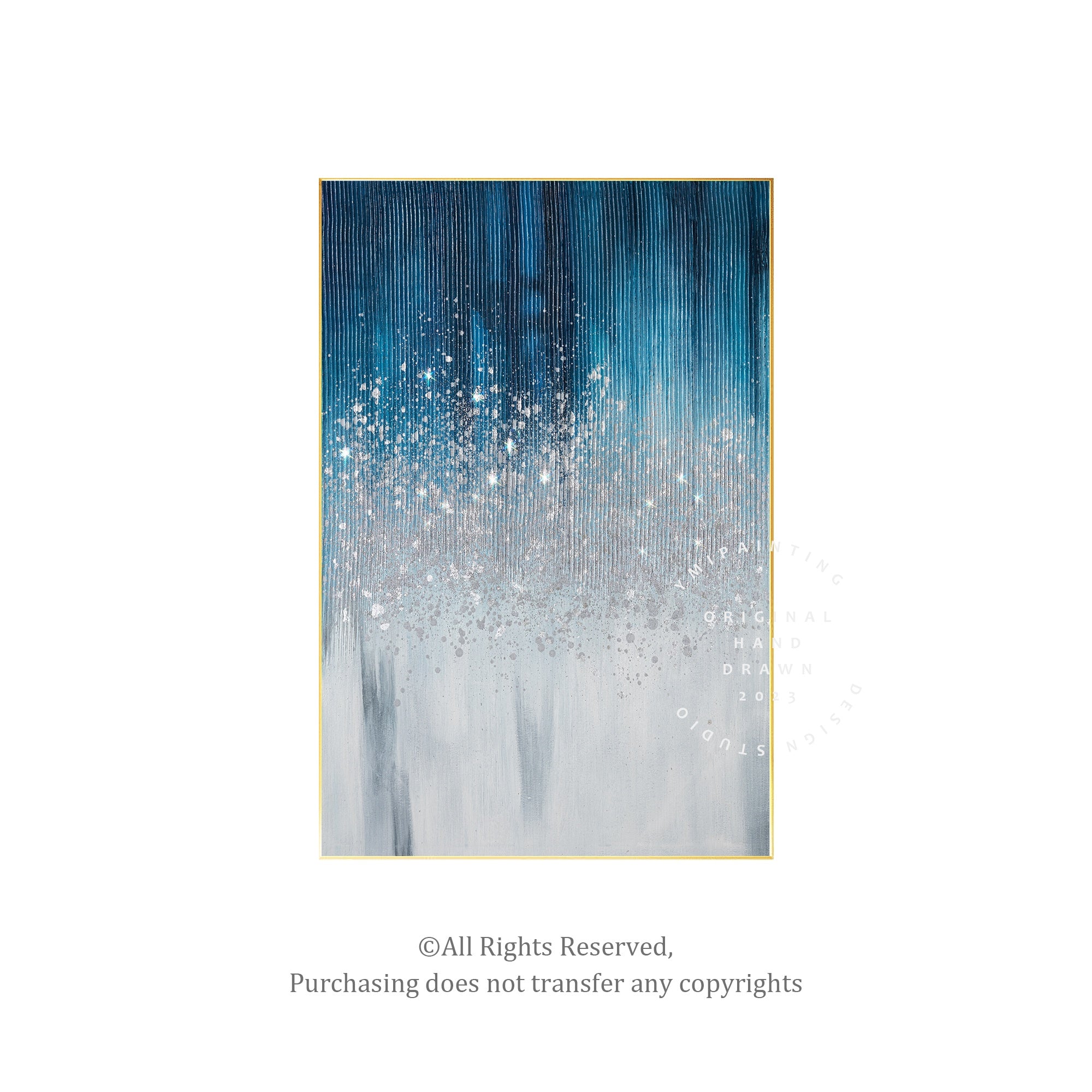 
Navy blue minimalist painting with silver glitter details, adding texture and depth to modern walls.
