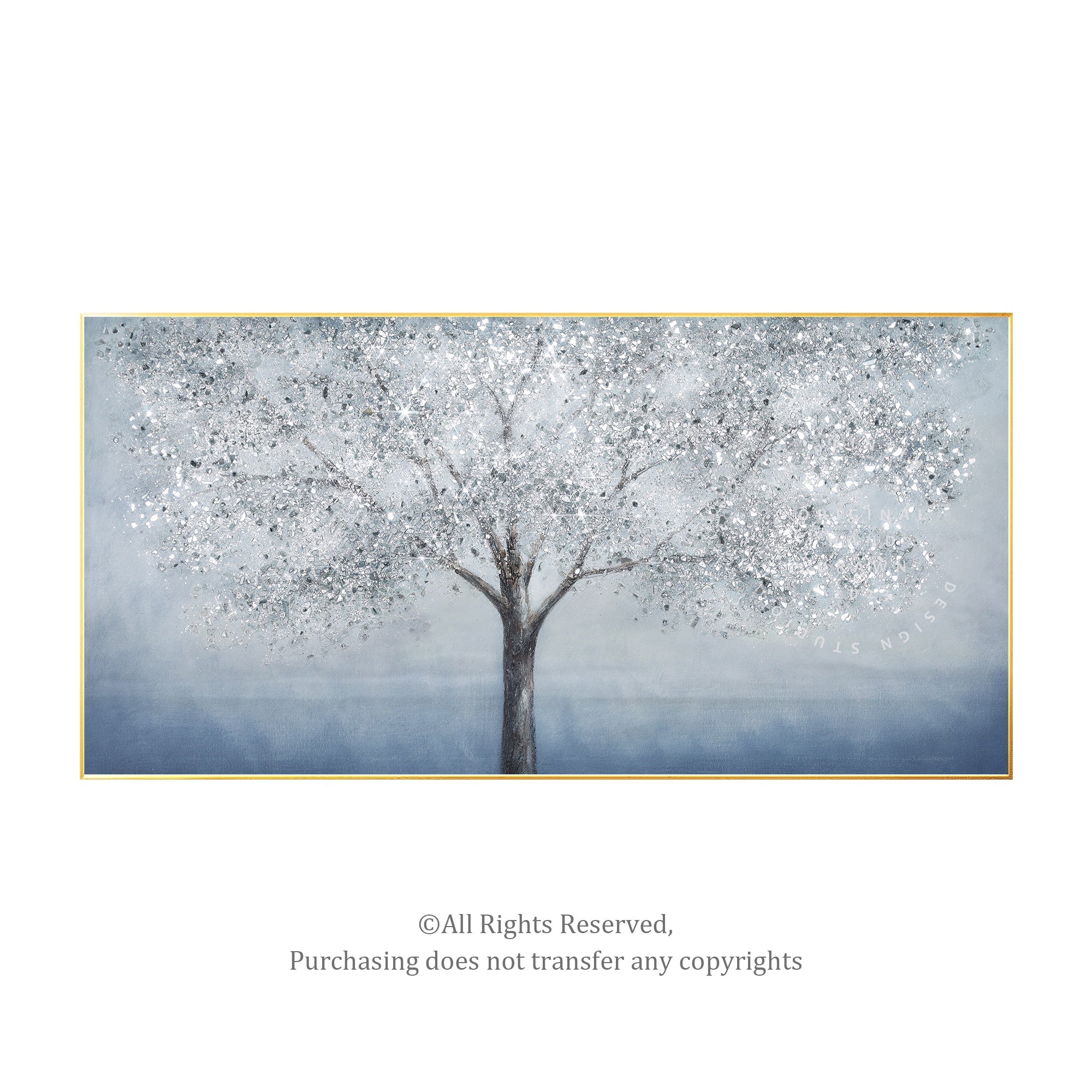 Large canvas art of a blue tree adorned with silver glitter and intricate 3D textures, perfect for contemporary interiors.