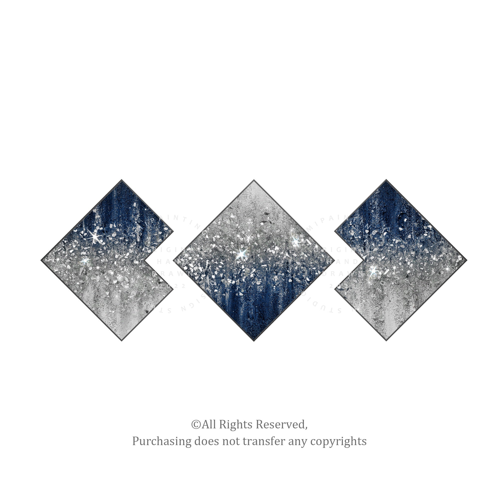 Three-piece glitter painting with navy blue base and sparkling silver highlights, perfect for statement wall art.