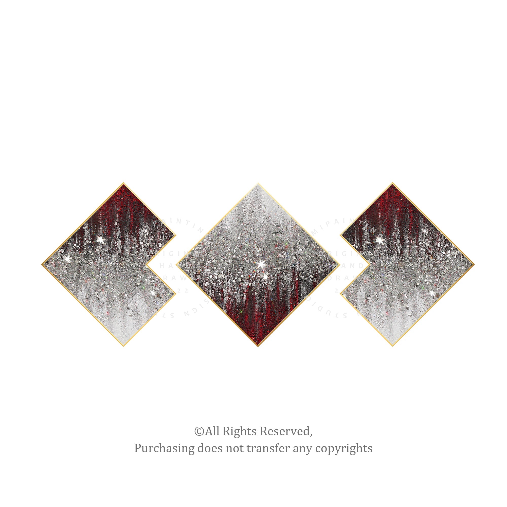 
Set of three glitter wall art pieces in red and silver, combining crushed glass and textured painting techniques to elevate your decor.
