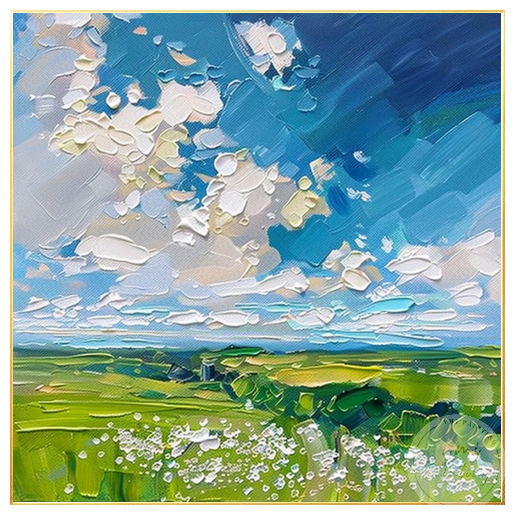 Abstract Painting of Green Fields and Blue Skies