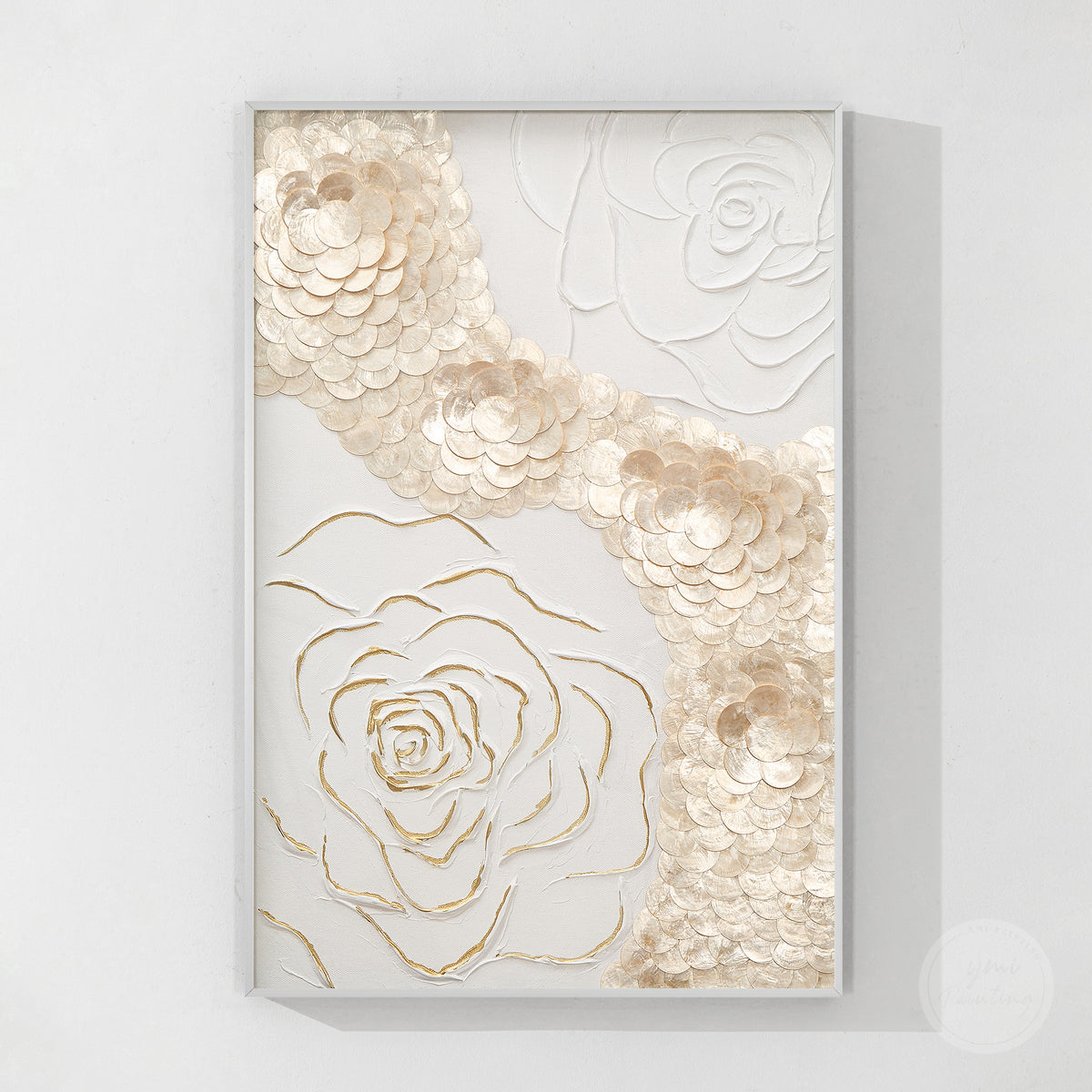 Unique handcrafted Capiz flower shadow box art for bedroom and entryway