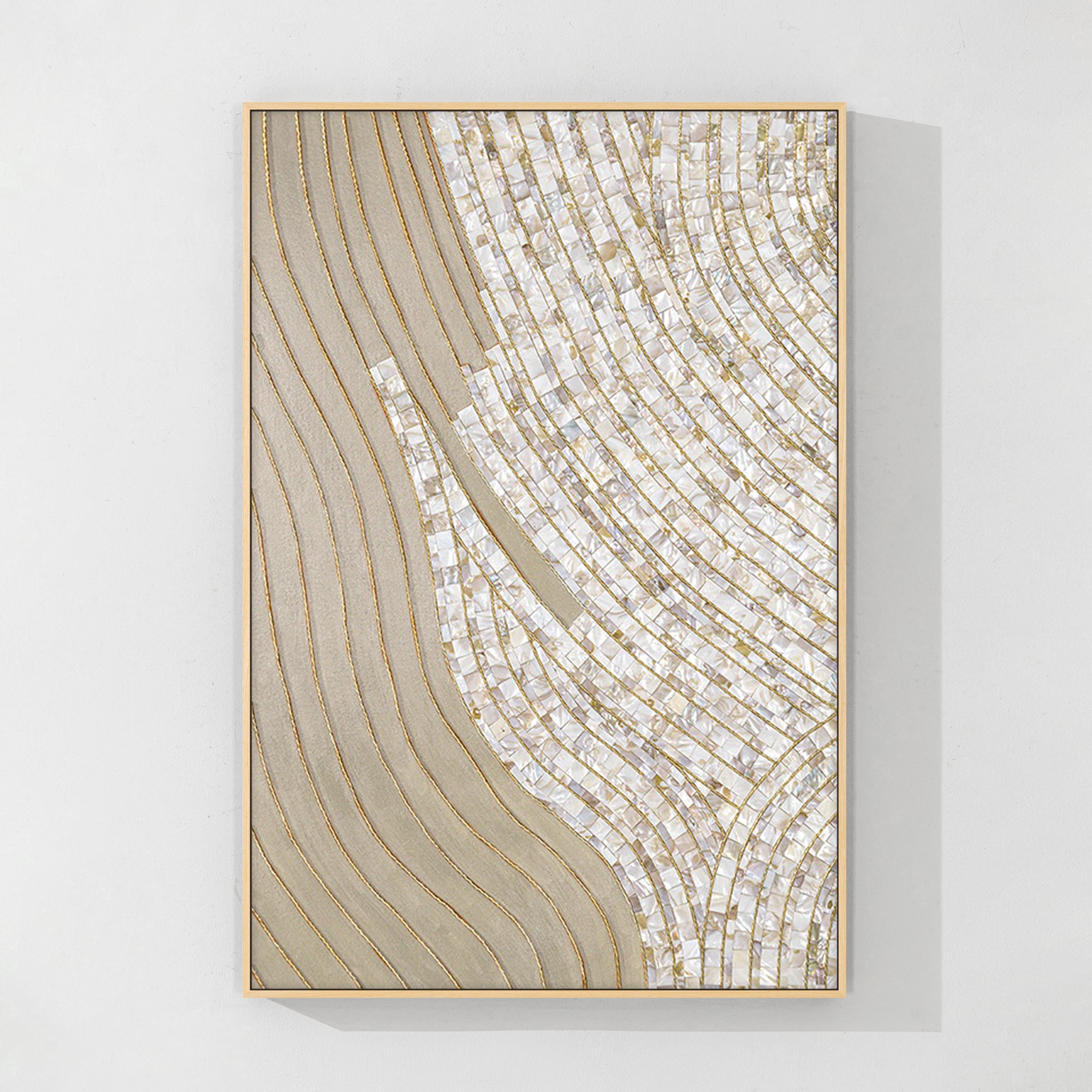 3D Mother of Pearl mosaic wall art with gold accents, perfect for living rooms or bedrooms.