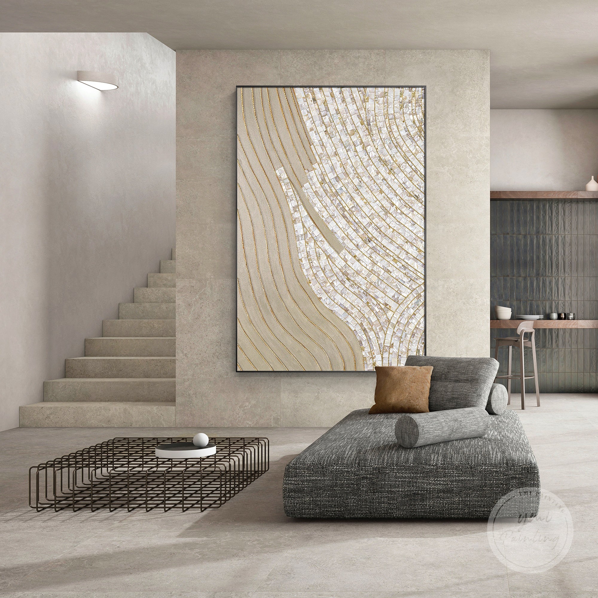 Layered pearl and gold mosaic painting, adds texture and elegance to any space.