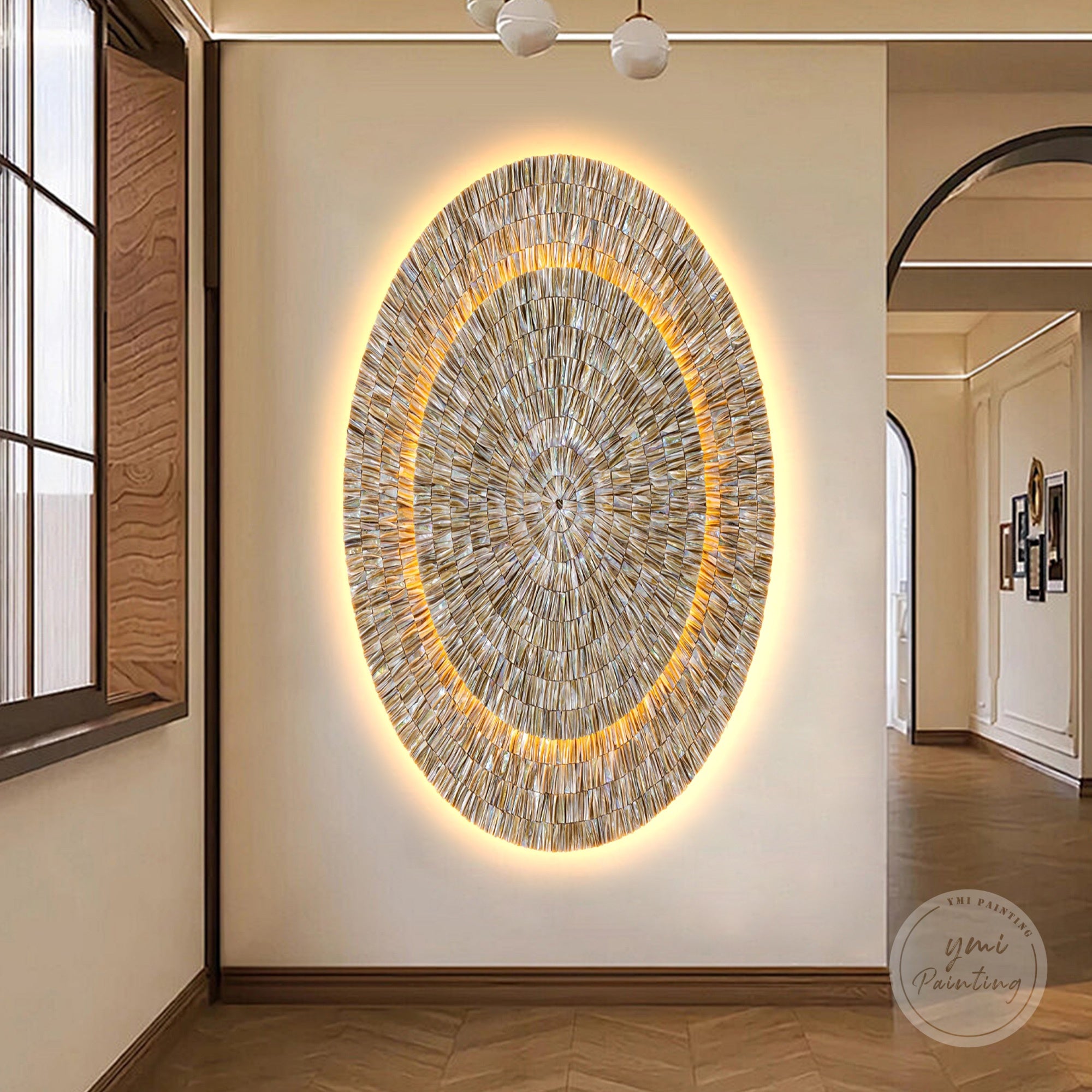 Large 3D Oyster Shell artwork with dual-layer elliptical frame and LED backlighting, ideal for bedrooms or office feature walls.
