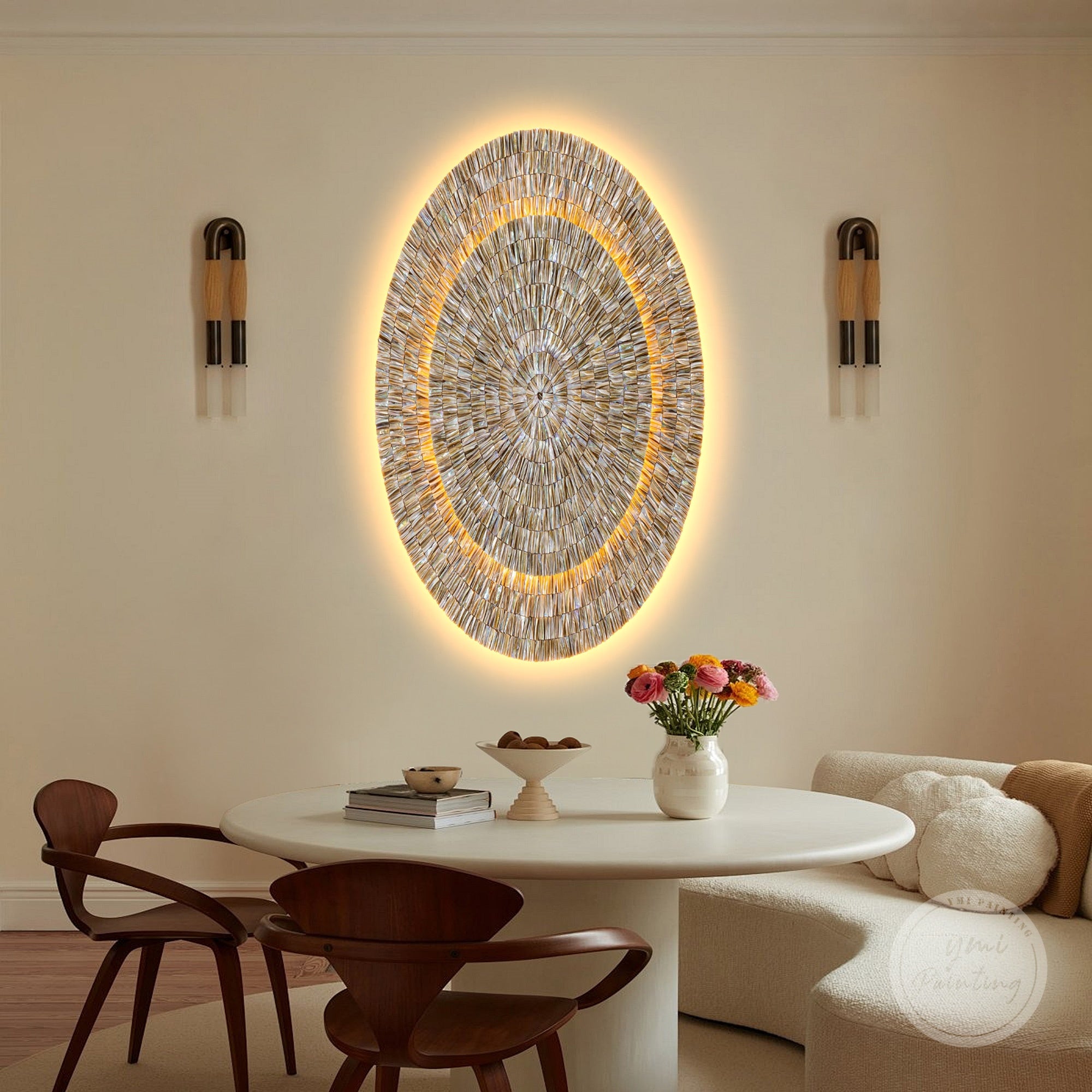 Dual-layer elliptical 3D Oyster Shell mosaic art with LED illumination, perfect housewarming or wedding gift.