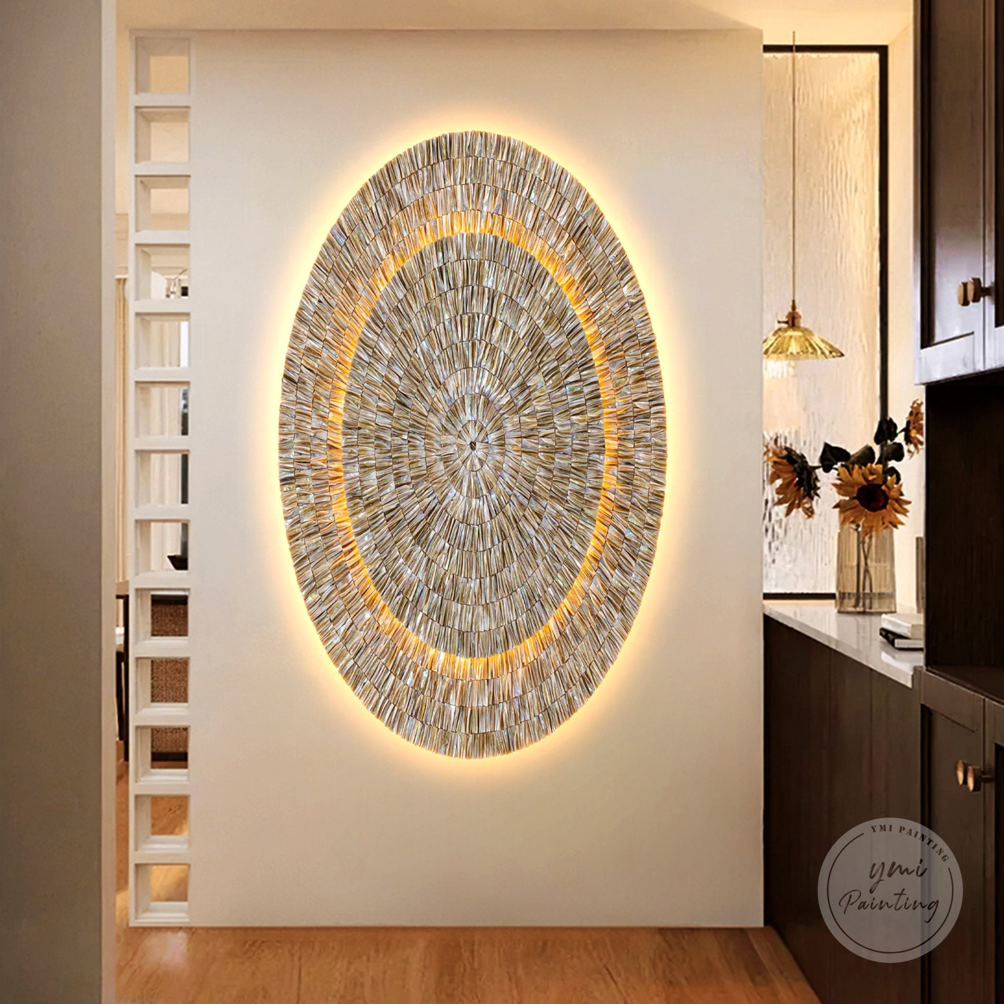 Large 3D Oyster Shell wall décor with elliptical dual-layer backing and LED lighting, enhances luxury coastal interiors.