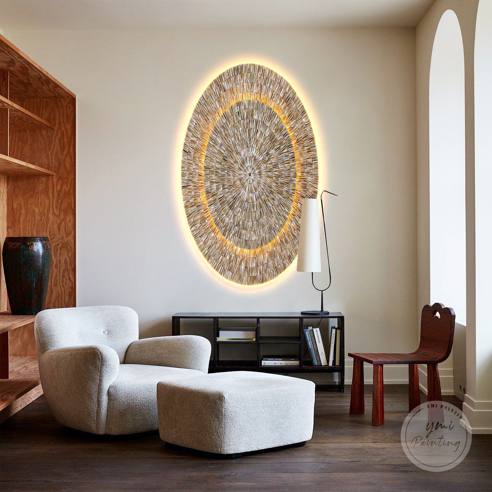 Layered 3D Oyster Shell artwork with dual-layer elliptical frame and LED lights, creating a soft and warm ambient glow.