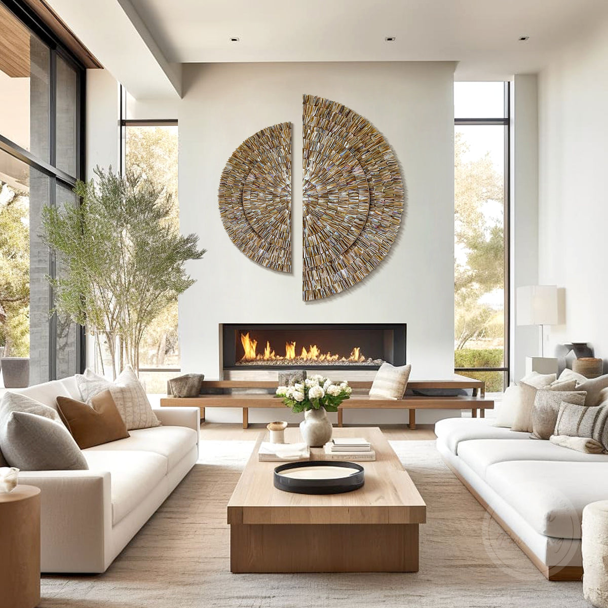 Handcrafted 3D seashell mosaic wall art with a layered semicircle design and natural shell textures