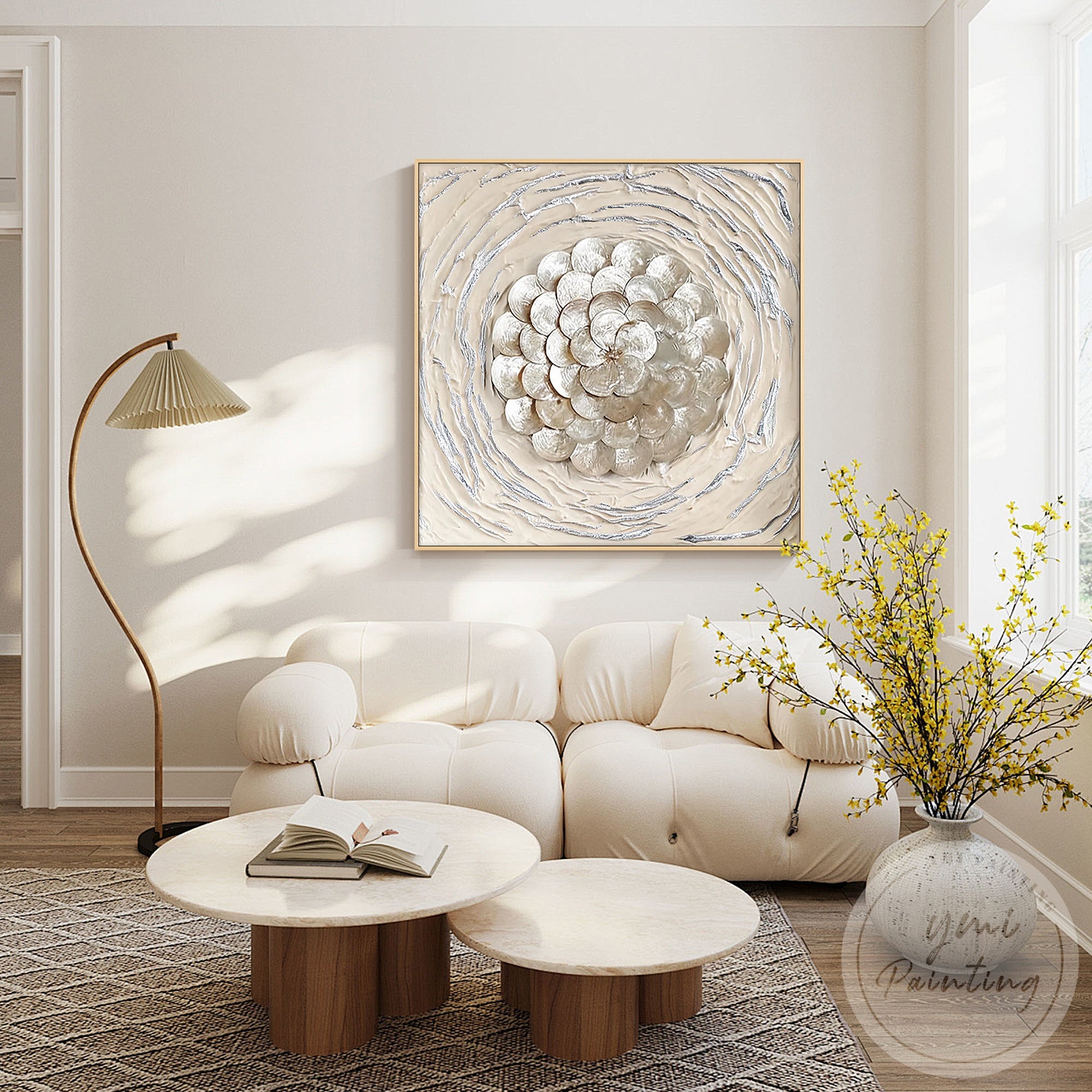 Handmade capiz shell flower wall decor featuring layered beige shells and gold accents
