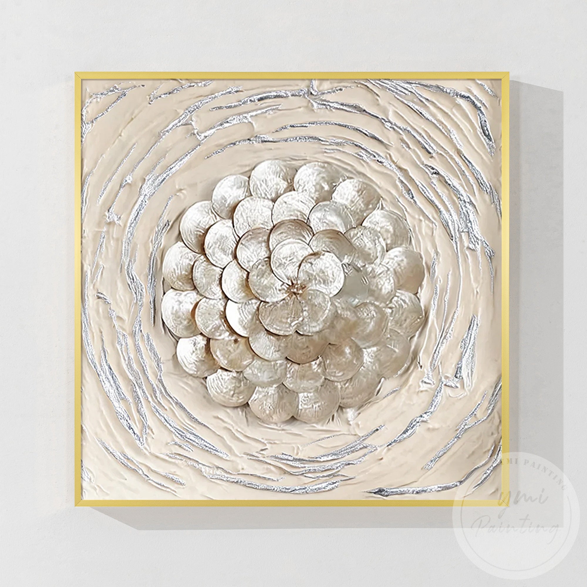 Large 3D shell flower wall art in beige and gold tones with handcrafted coastal floral design