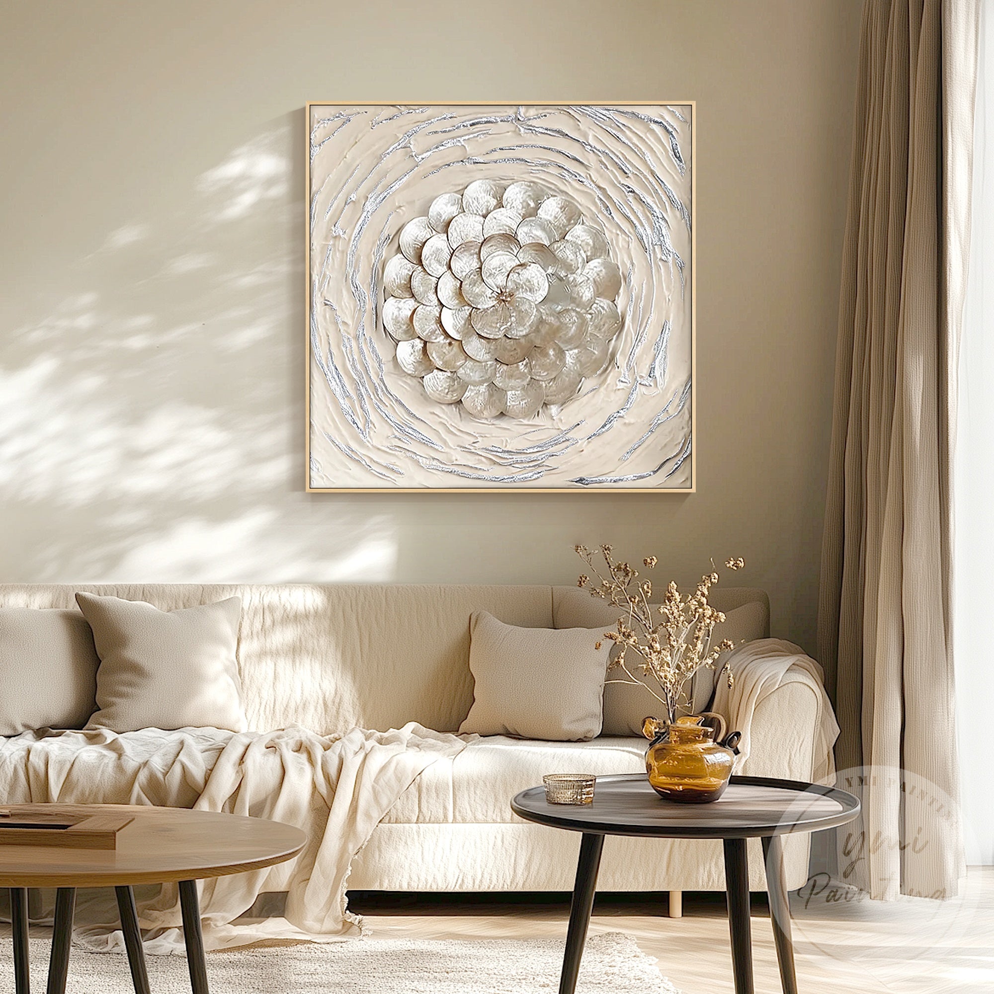 Handcrafted coastal shell art featuring textured floral petals and metallic gold details