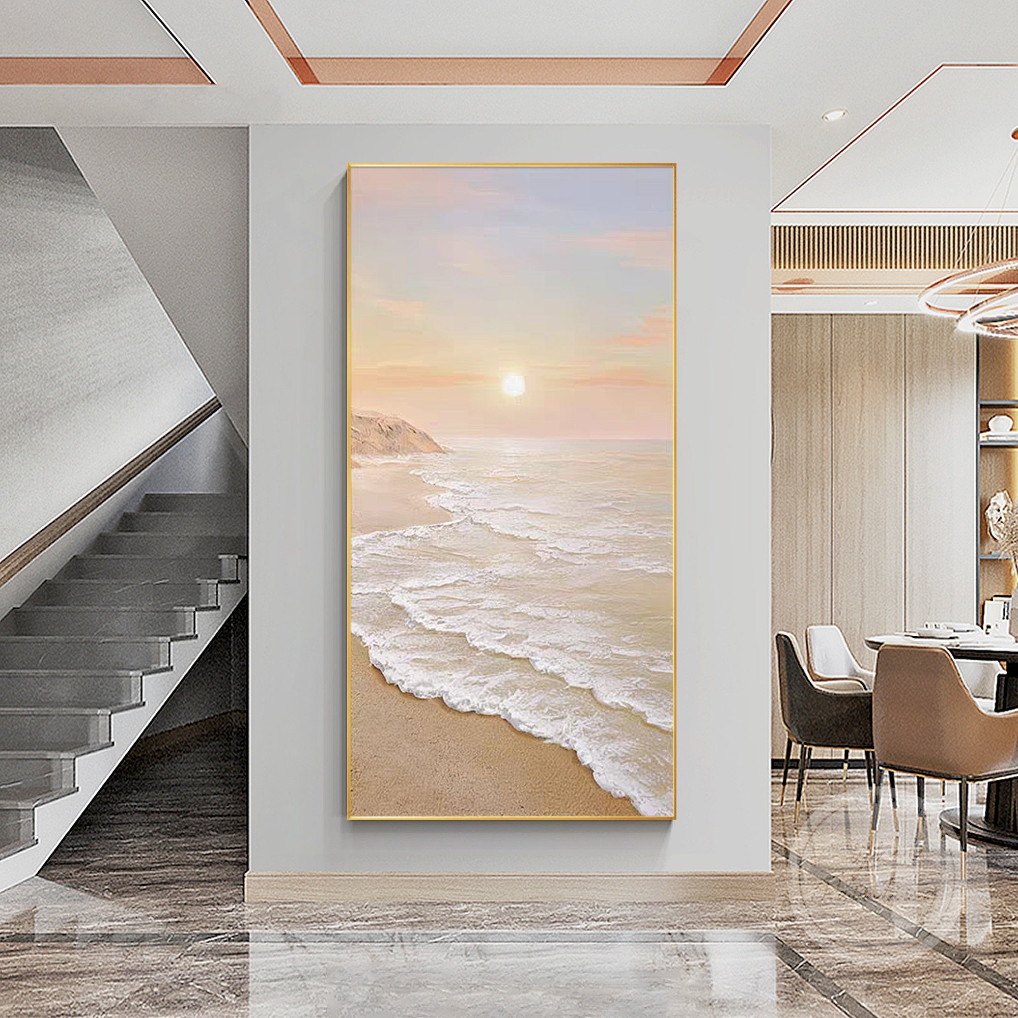 Textured beach wall art with ocean waves, peachy pink clouds, and caramel orange sand, designed to bring the beauty of the coastline to your home.