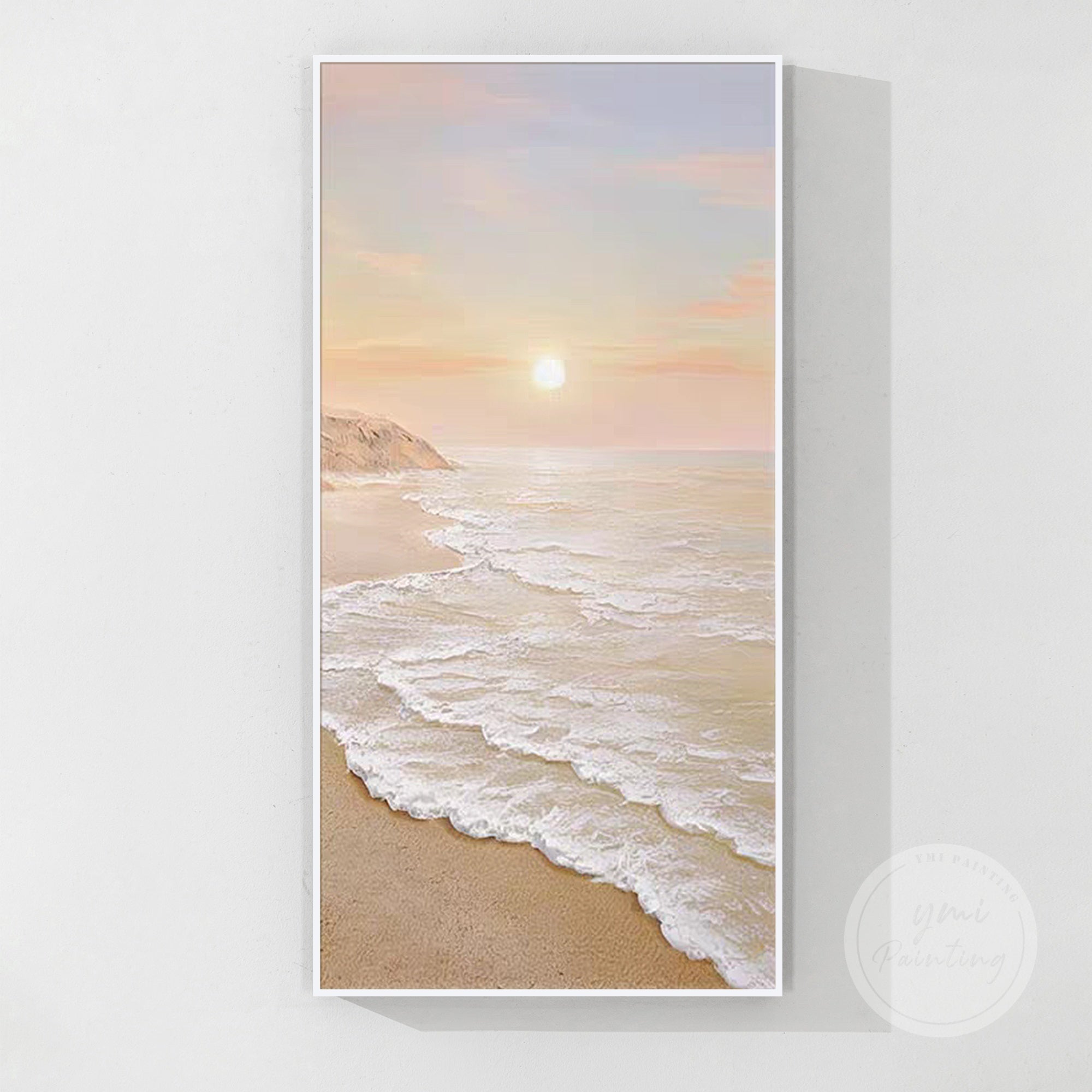 Caramel orange sand, peachy pink clouds, and 3D ocean waves in this large coastal wall art create the perfect beach-themed ambiance.
