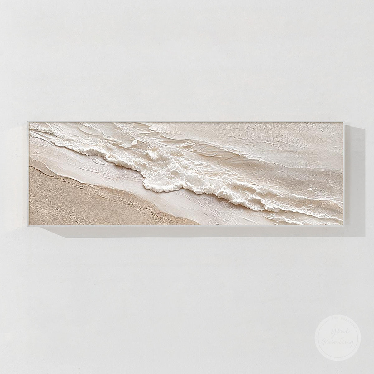 Minimalist beach wall art featuring ivory waves and sandy tones