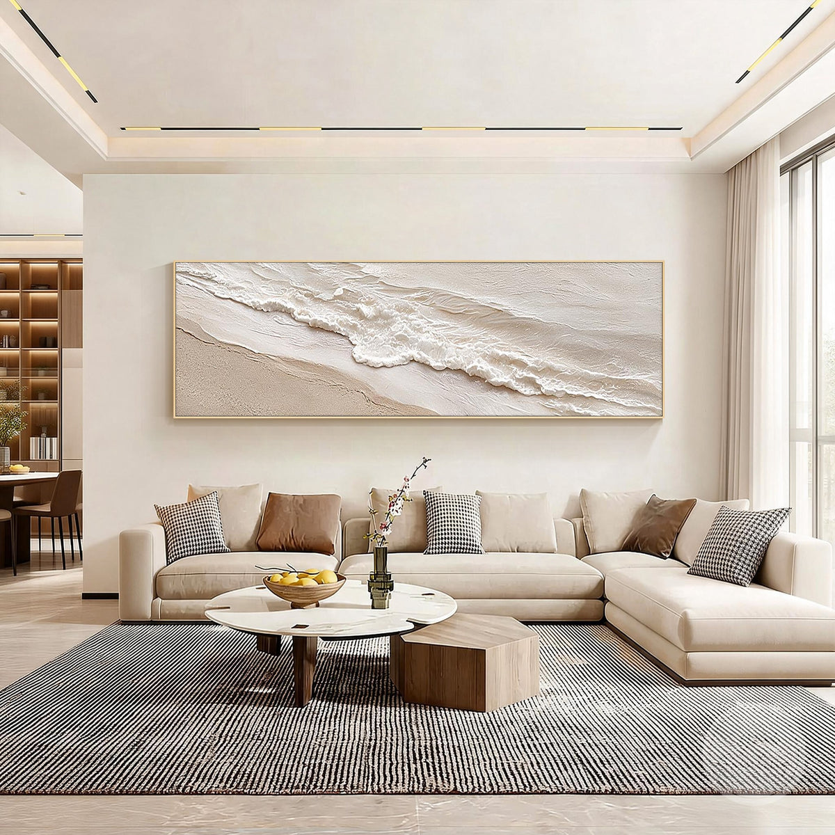 Abstract seascape painting in ivory, warm beige, and greige 