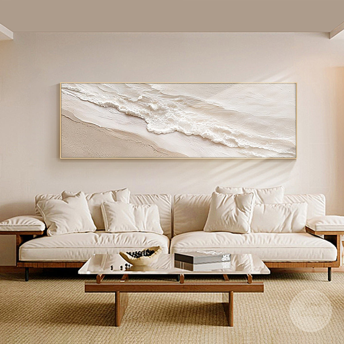 Beige beach painting with raised white ocean foam details 