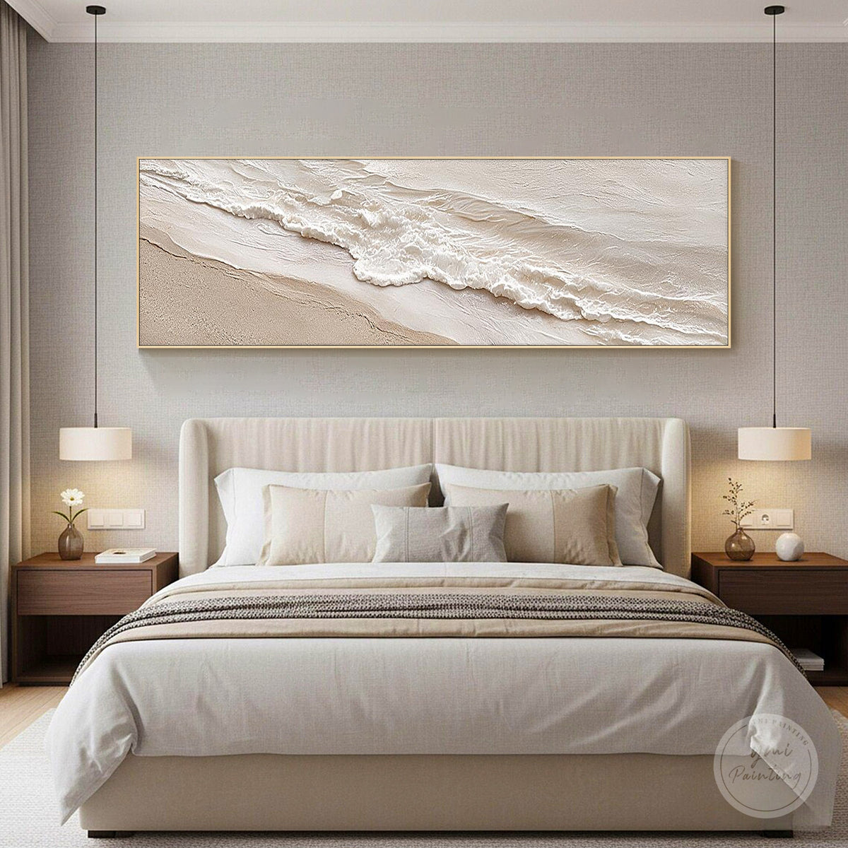 Modern coastal wall art with layered neutral wave textures