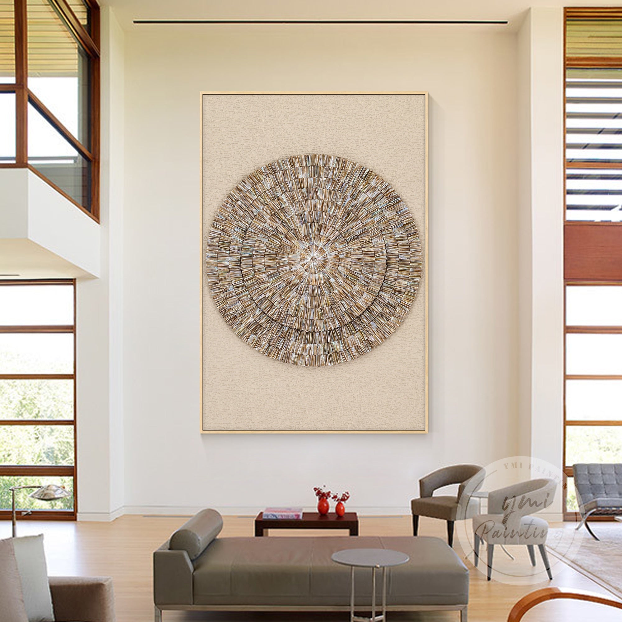 3D round double-layer oyster shell wall art in beige tones