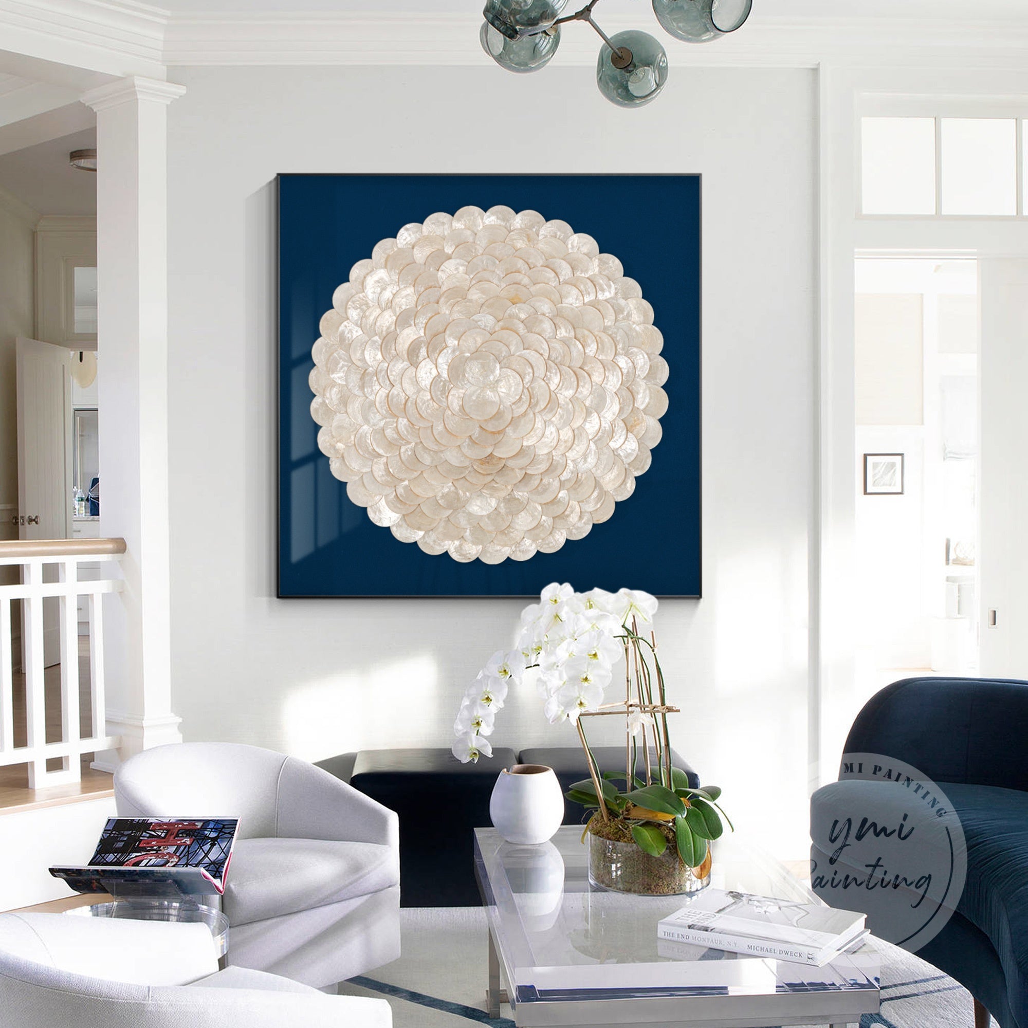 3D seashell circular wall art with blue background