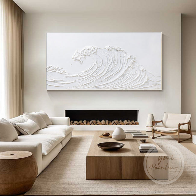 3D Texture Display of Large White Wave Wall Art.