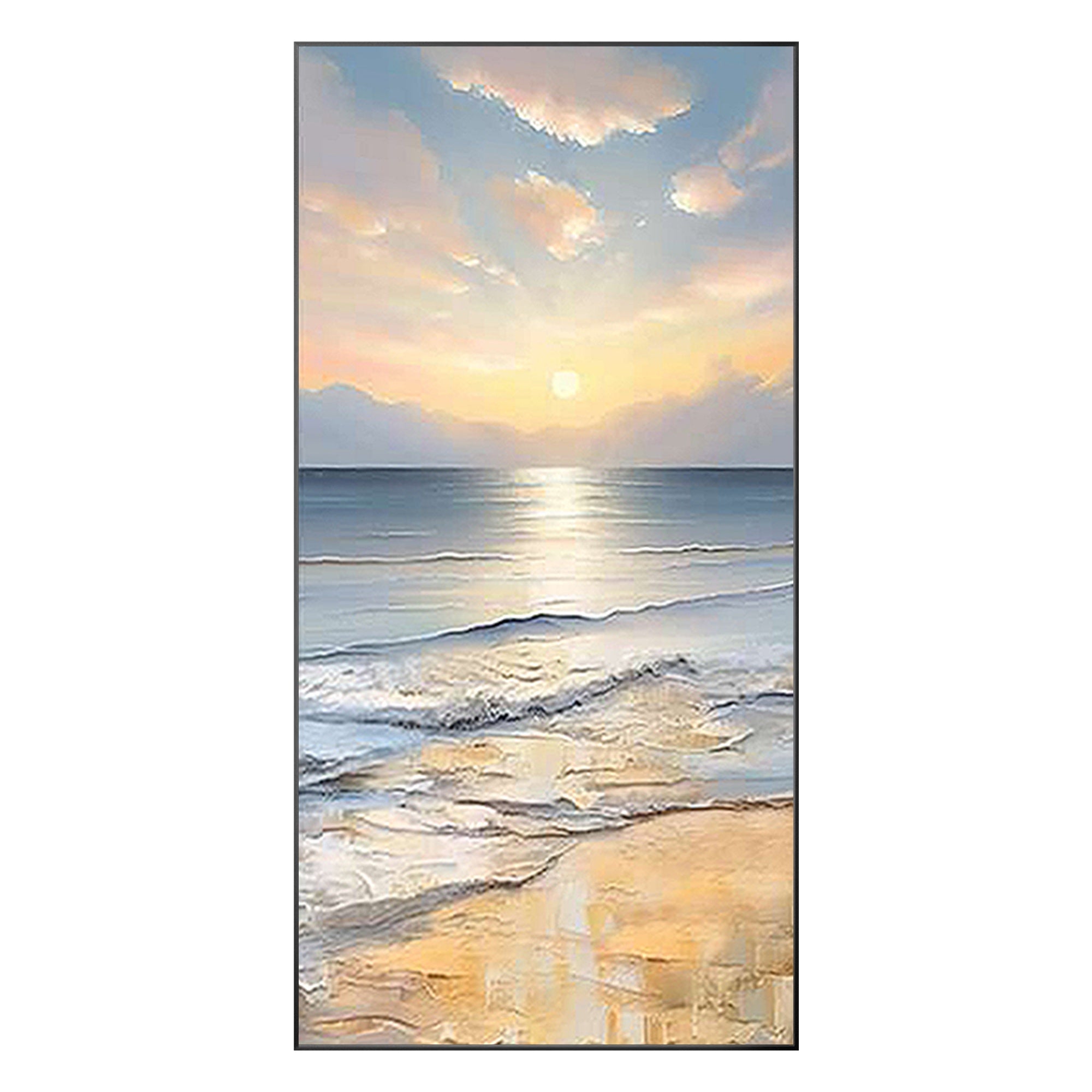 Framed Beach Painting with abstract waves in light blue and golden highlights, ideal for spa or bedroom decor.
