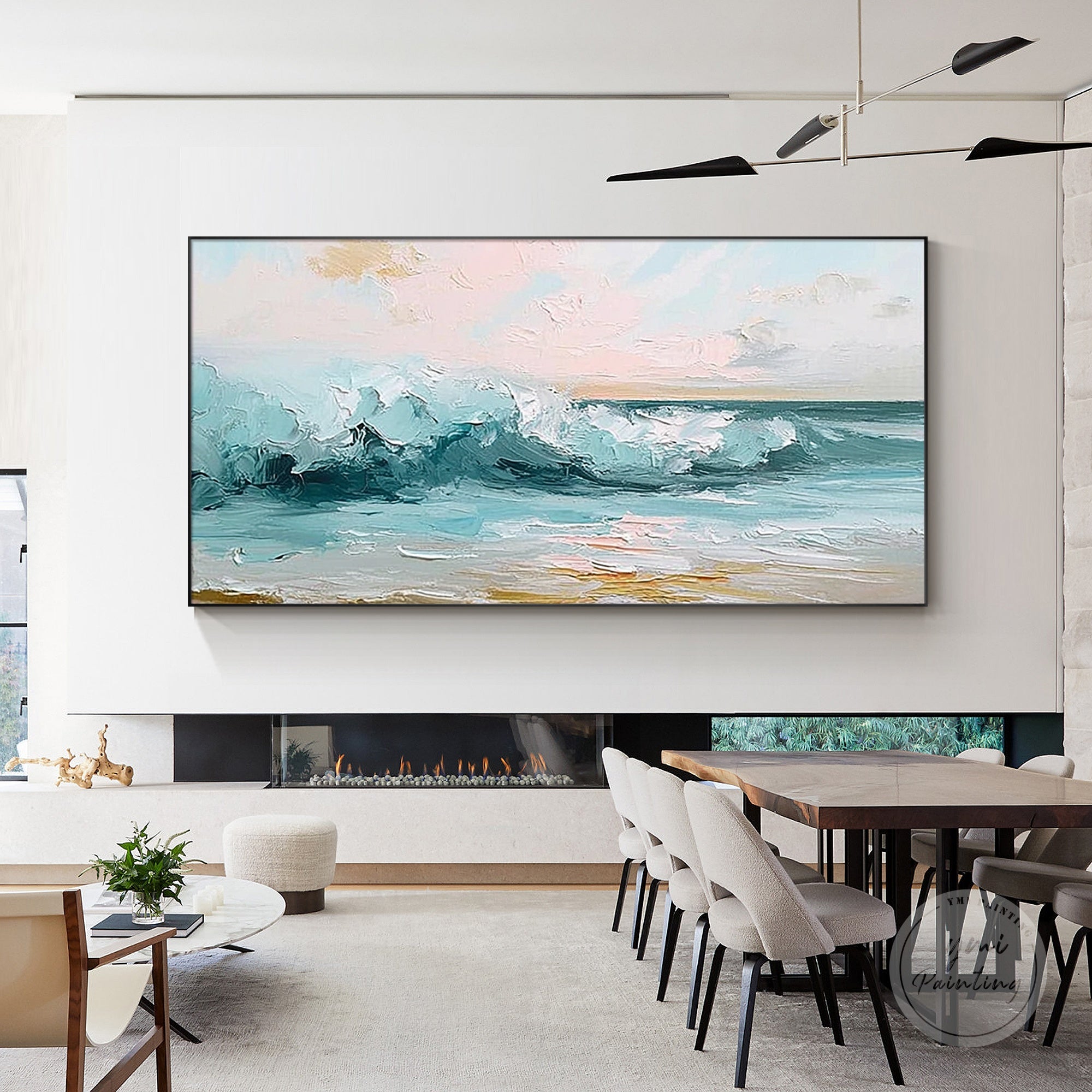 Hand-painted blue wave art with textured layers, bringing the ocean to life.