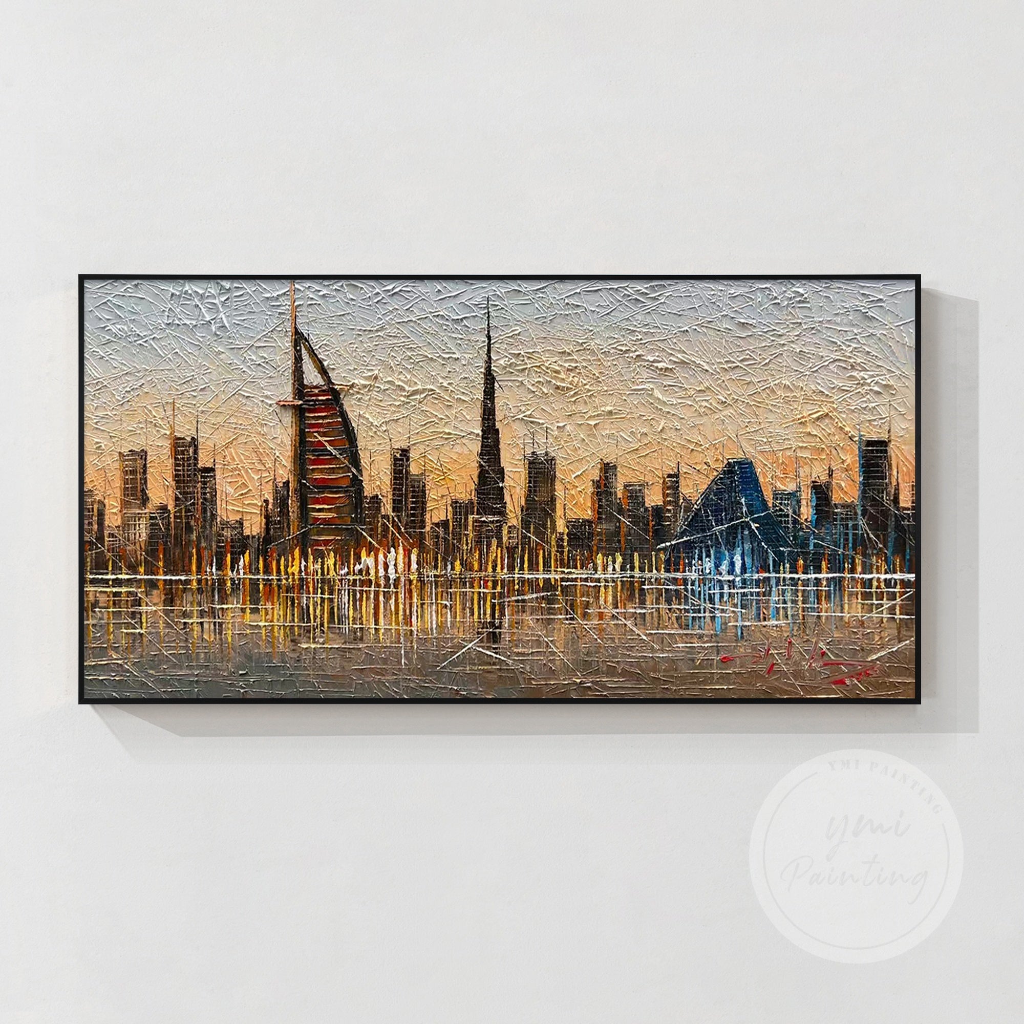 Framed 3D textured Dubai skyline art, featuring Burj Khalifa and Al Fahidi Tower, designed to bring an elegant, luxurious touch to your modern space.