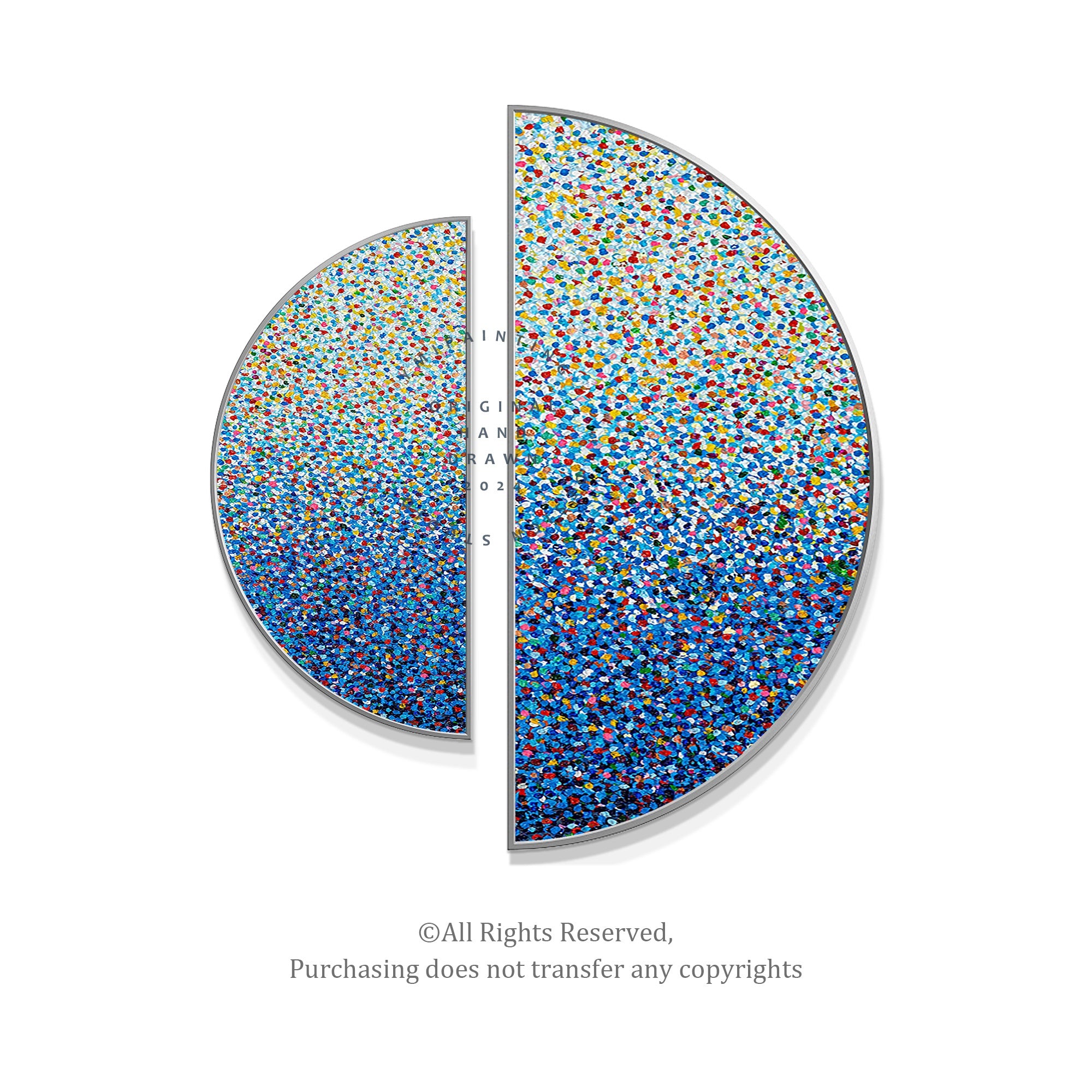 Abstract wall art with semicircle dimension and vibrant colors.