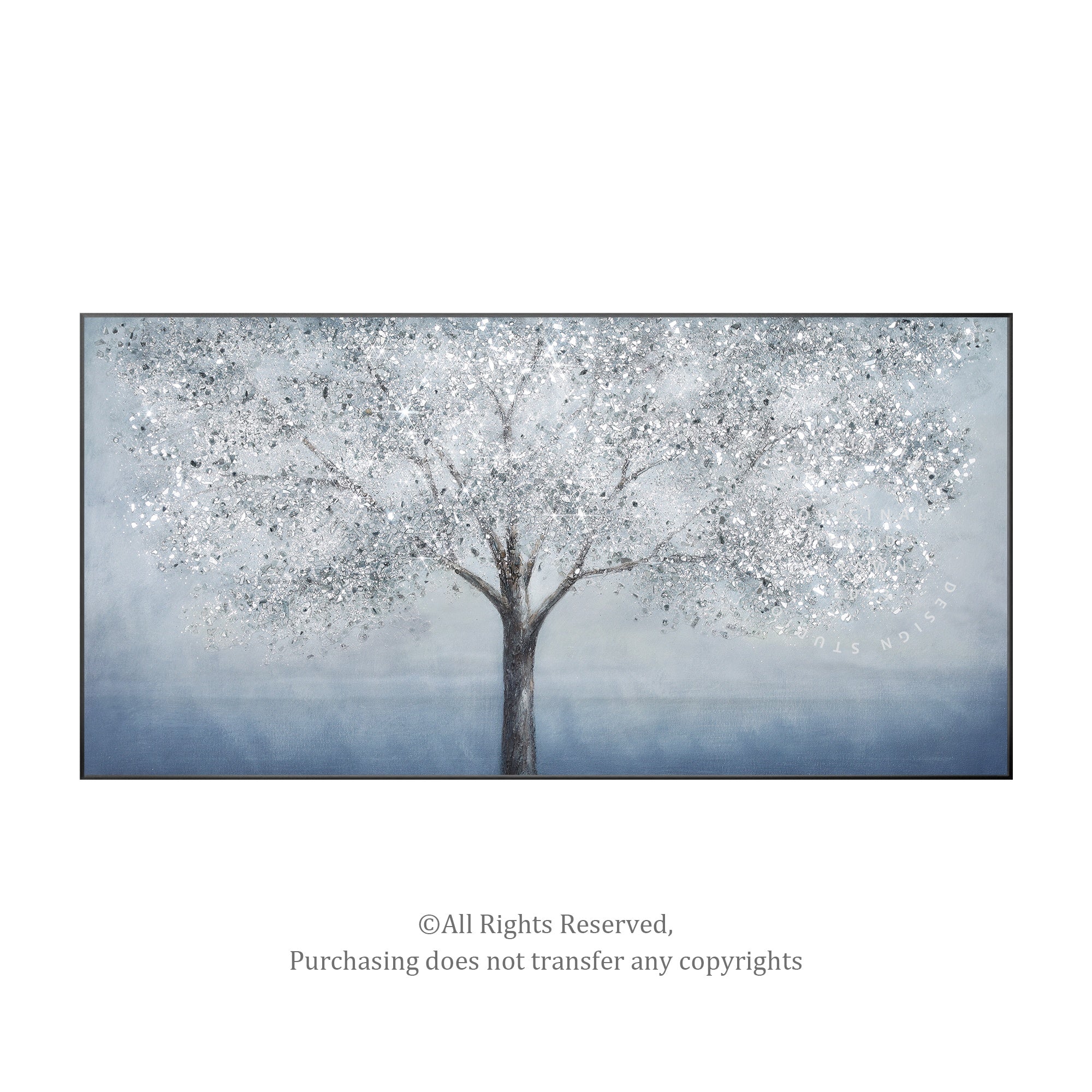 Elegant blue tree glitter painting with silver leaf, bringing sparkle and natural grace into your living space.
