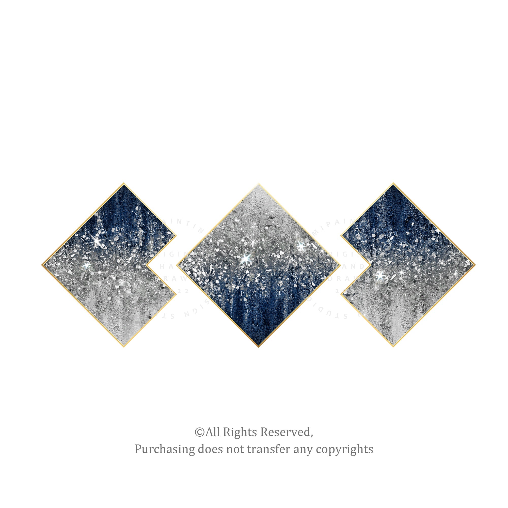 Blue glitter wall art set with silver accents, combining modern glam and textured artistry for stylish spaces.