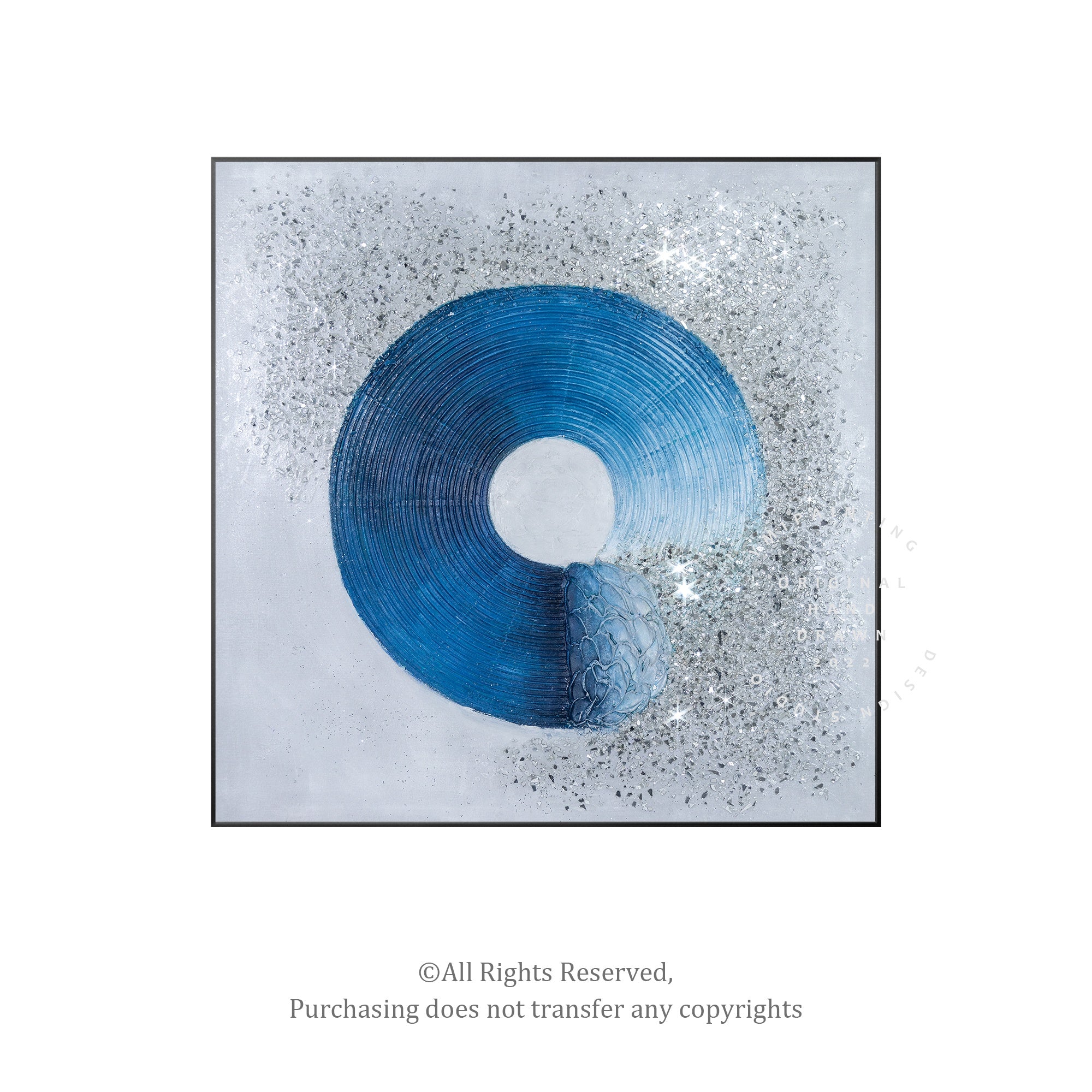 Blue and silver glitter canvas with textured crushed glass, creating depth and shine in artwork.