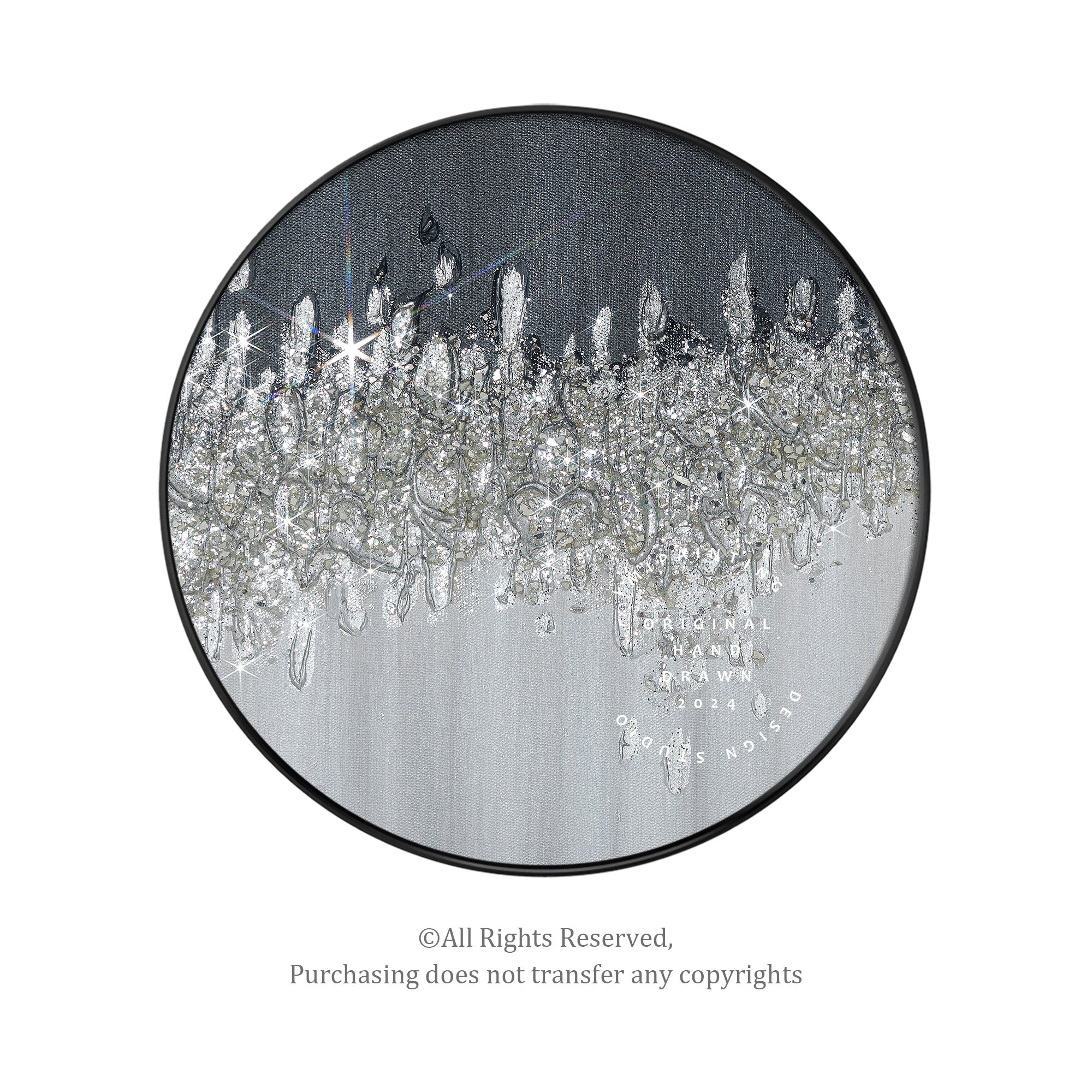 Silver wall decor with a textured round glitter design, adding elegance and depth to any space.