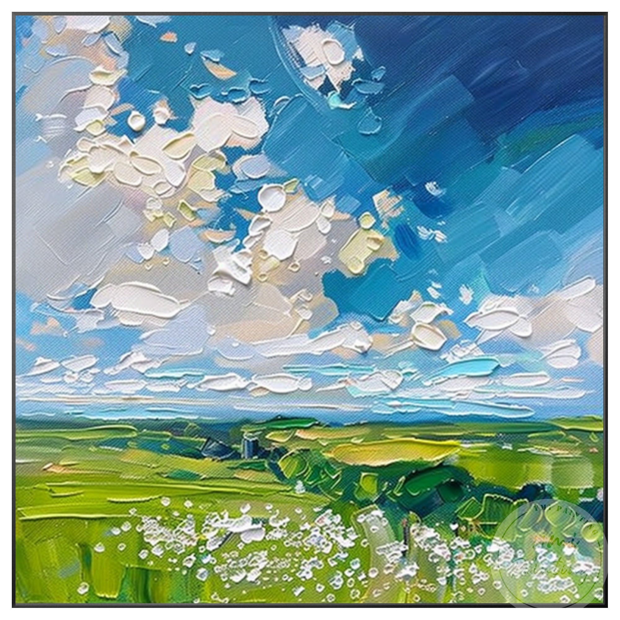 Abstract Painting of Green Fields and Blue Skies