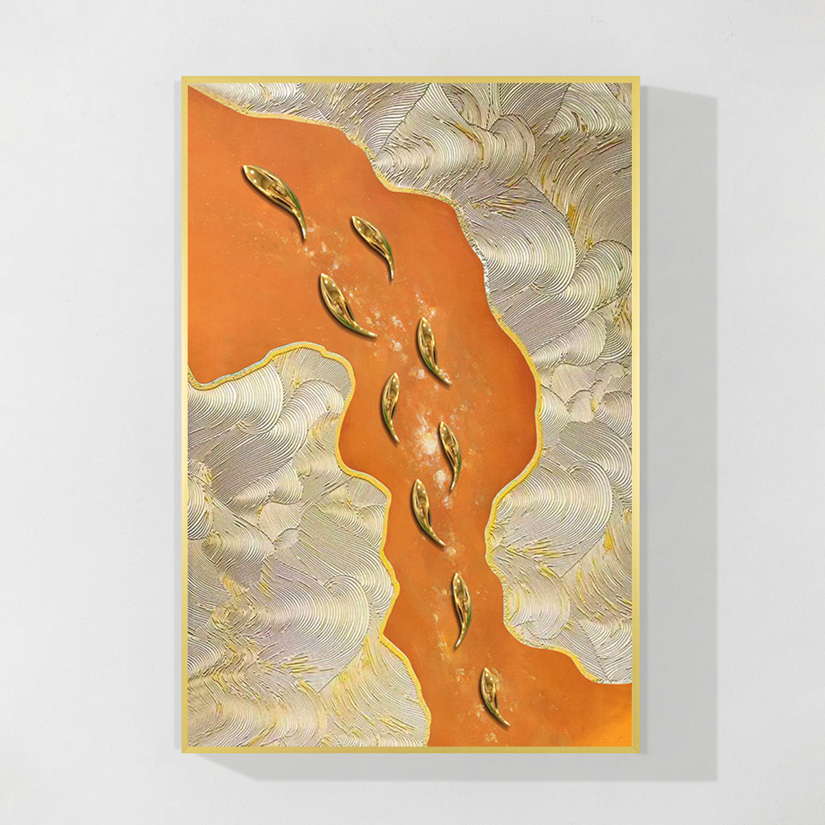 3D gold fish painting orange textured abstract canvas wall art
