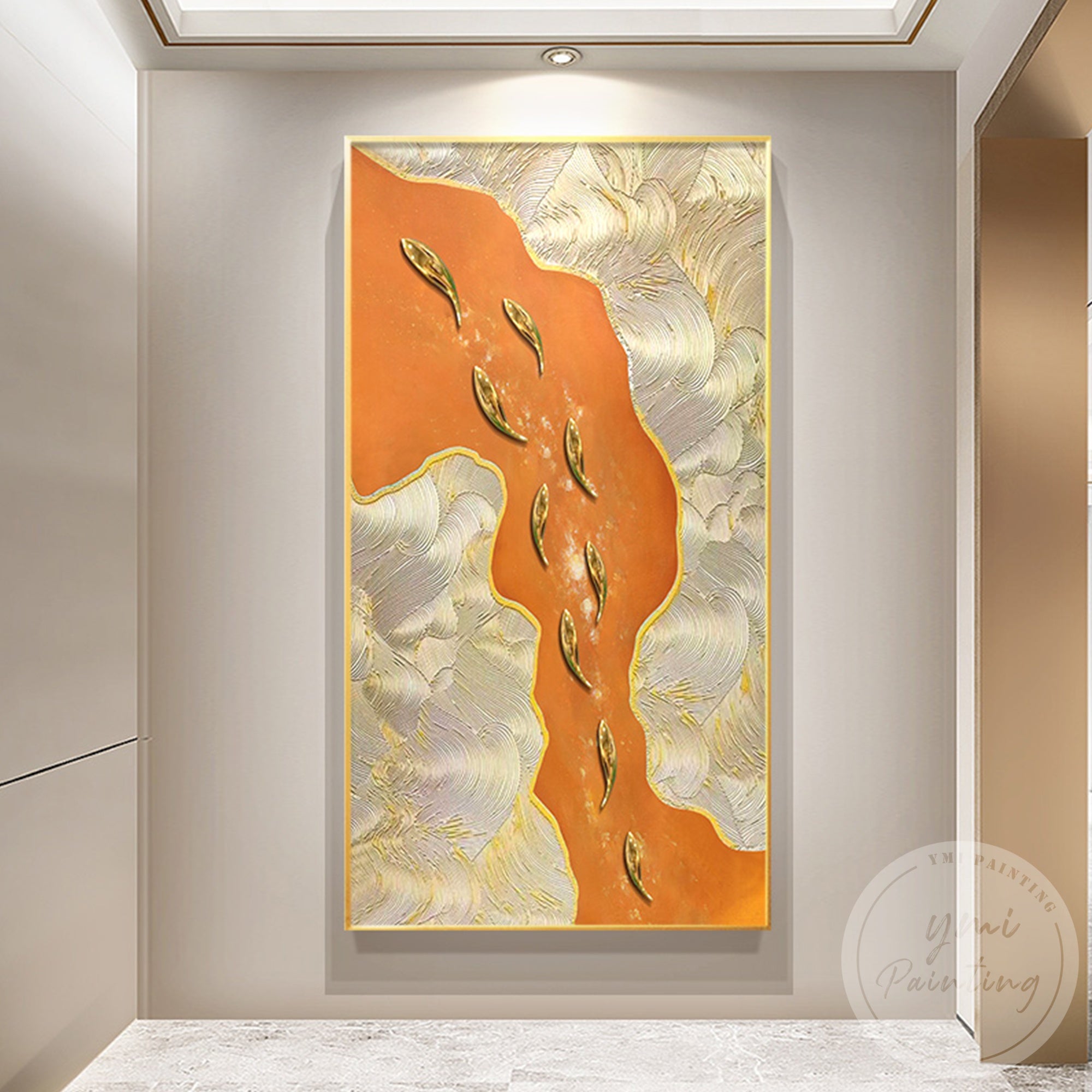 Luxury gold fish painting with orange textured background