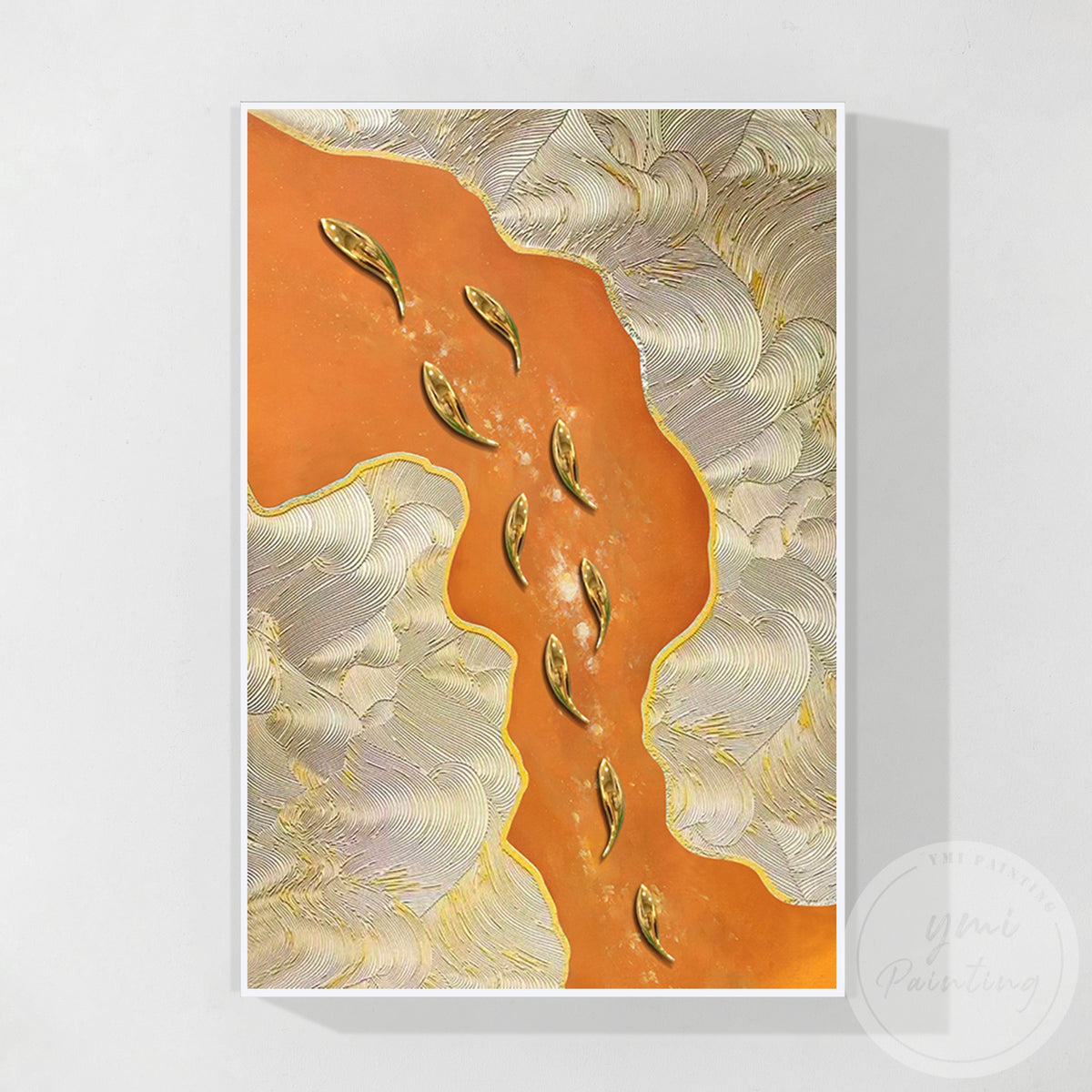 Orange textured canvas painting with 3D gold fish design
