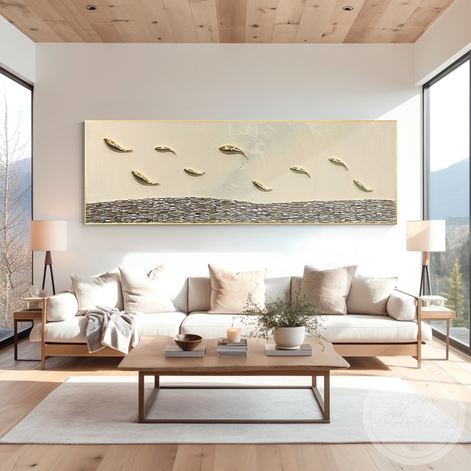 Textured shell canvas painting with gold fish artwork