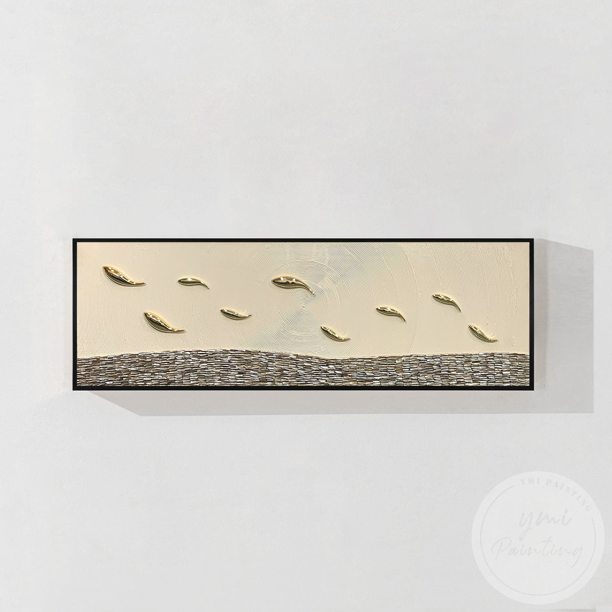 Long horizontal abstract fish canvas with raised texture