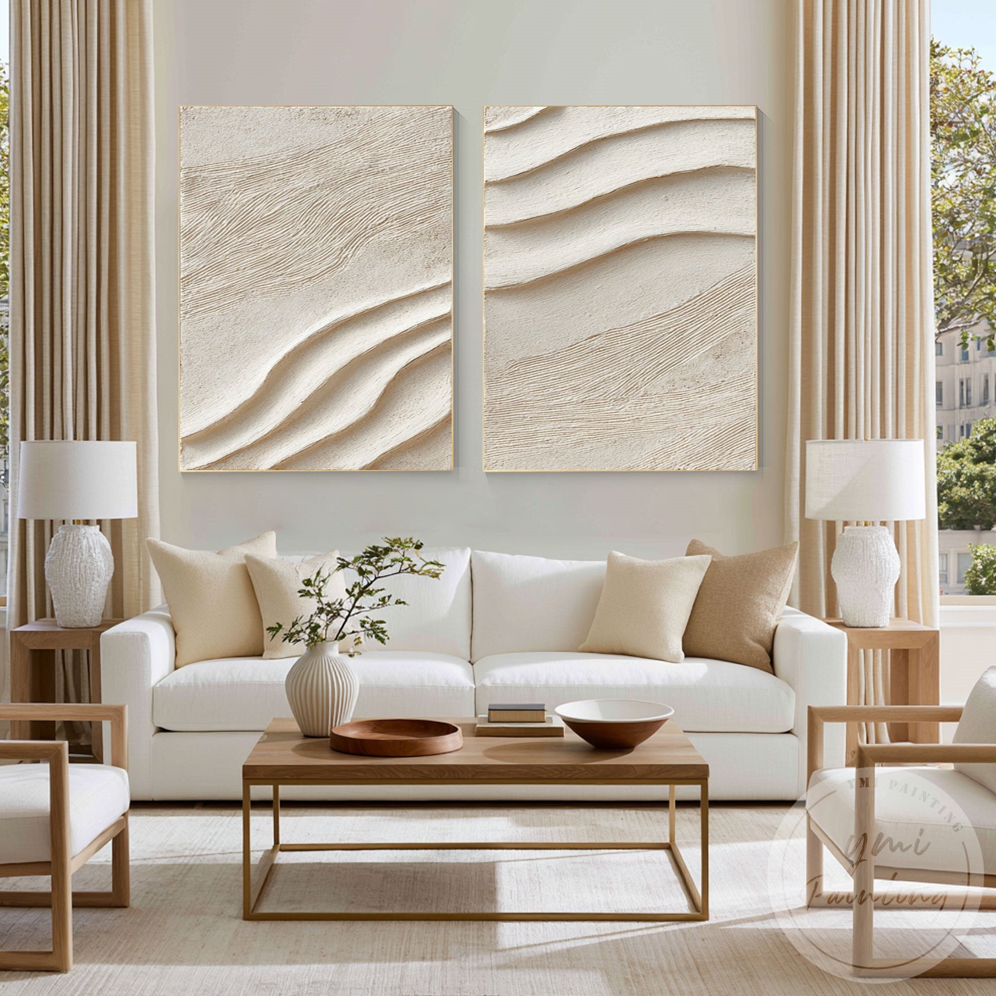 3D sand wave wall art set beige textured plaster panels
