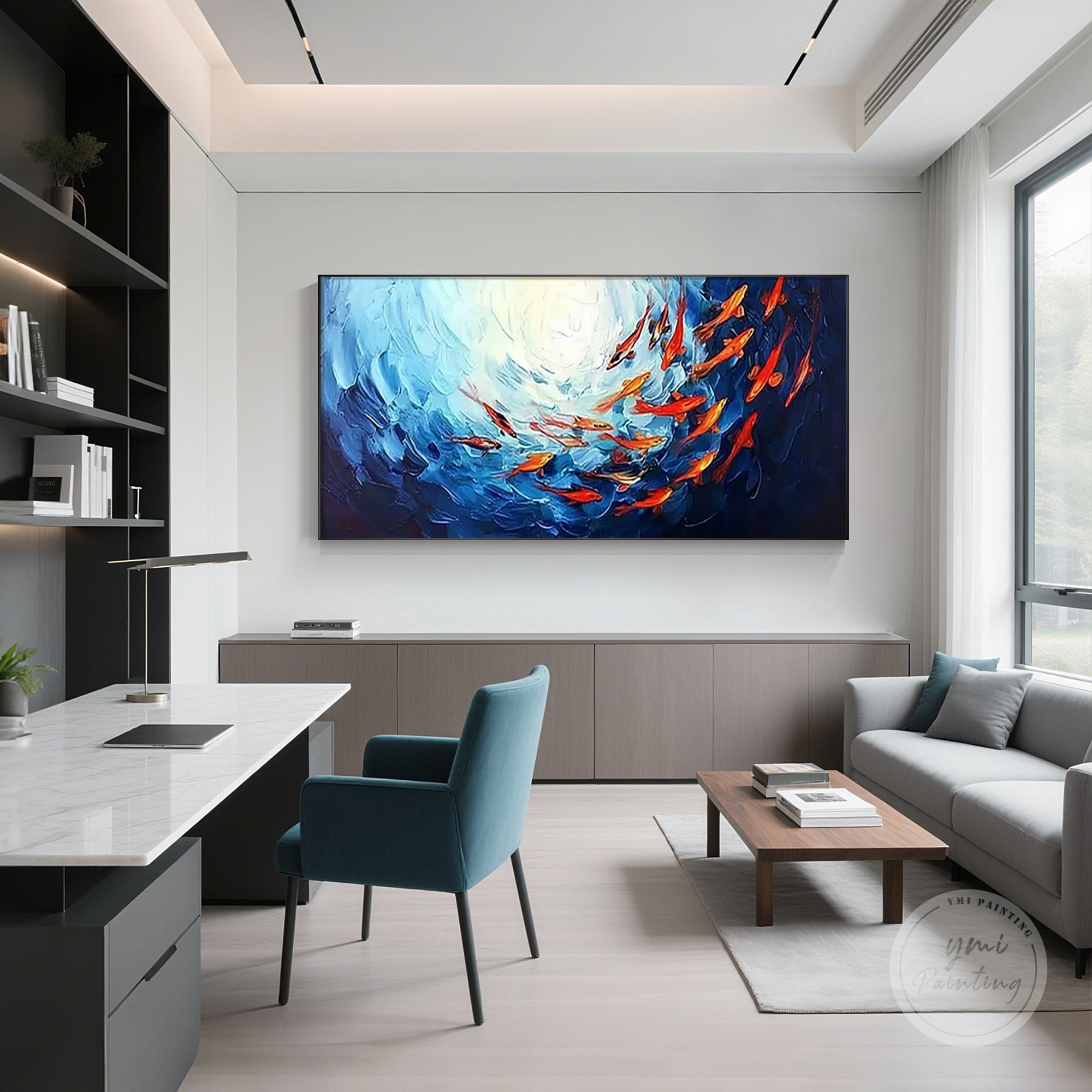 Dramatic fish art with a red school of fish and a deep navy ocean background.