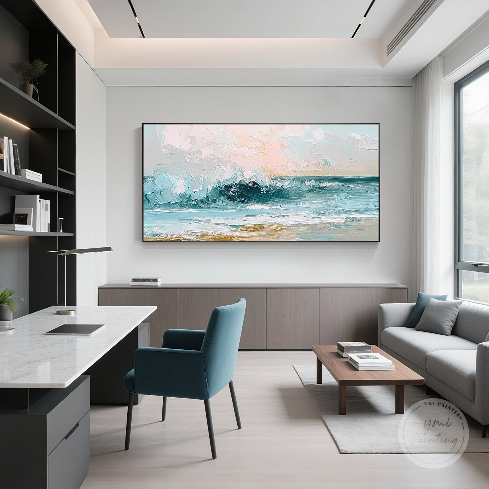 Large blue ocean wave painting with textured surface, bringing the sea to life.